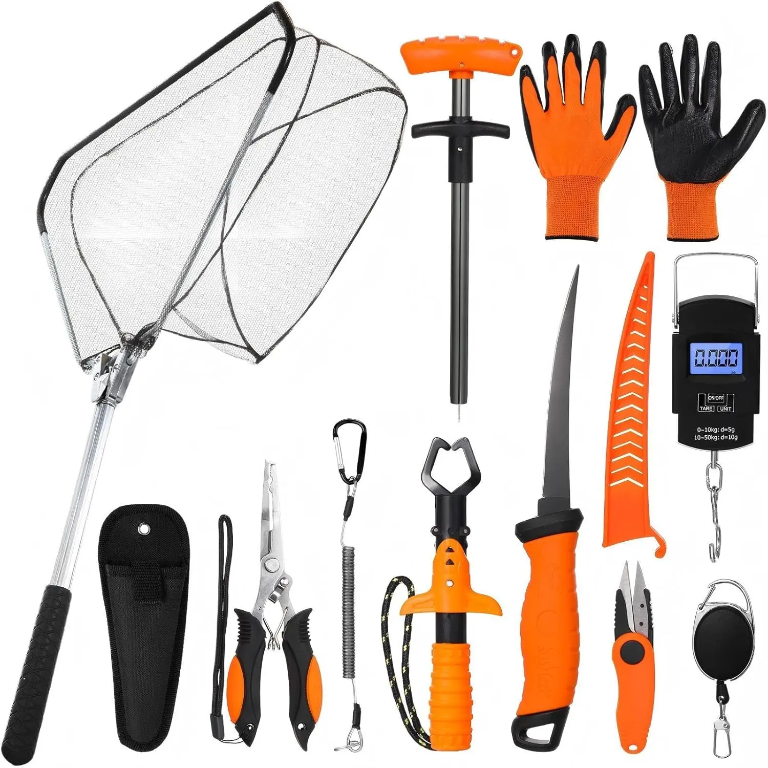 10 Pcs Fishing Tool Kit, Fishing Pliers with Lanyard and Protective Sheaths, Landing Net, Fillet Knife, Fish Scale, Gripper, Hook Remover, Braid Scissors, Gloves for Men Dad Gift