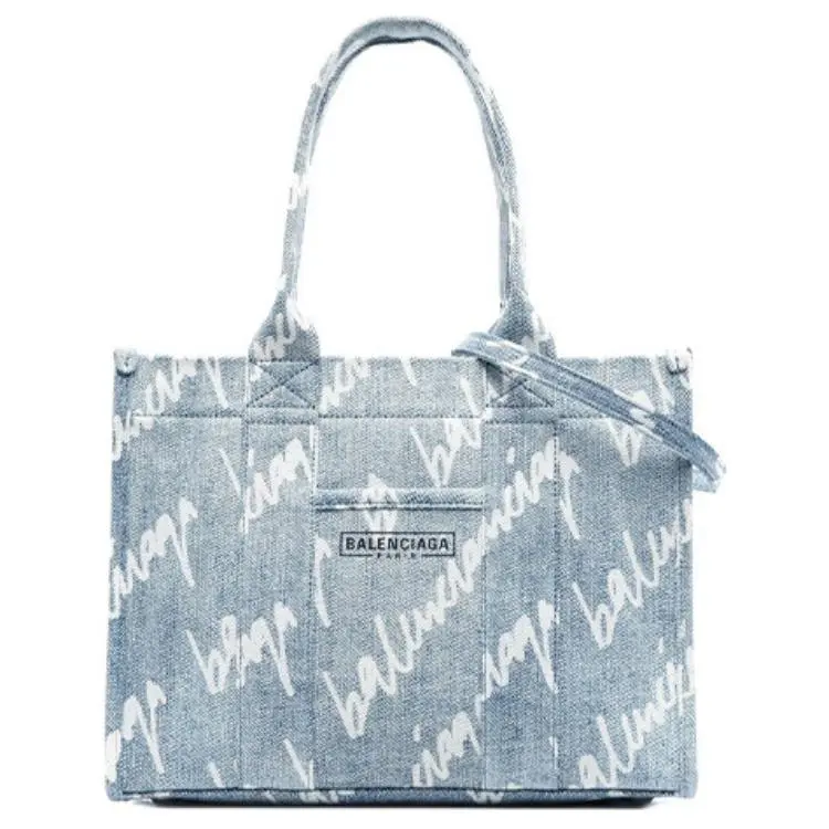 Balenciaga Hardware Logo Denim Tote Bag for Women, Casual Style in Light Blue