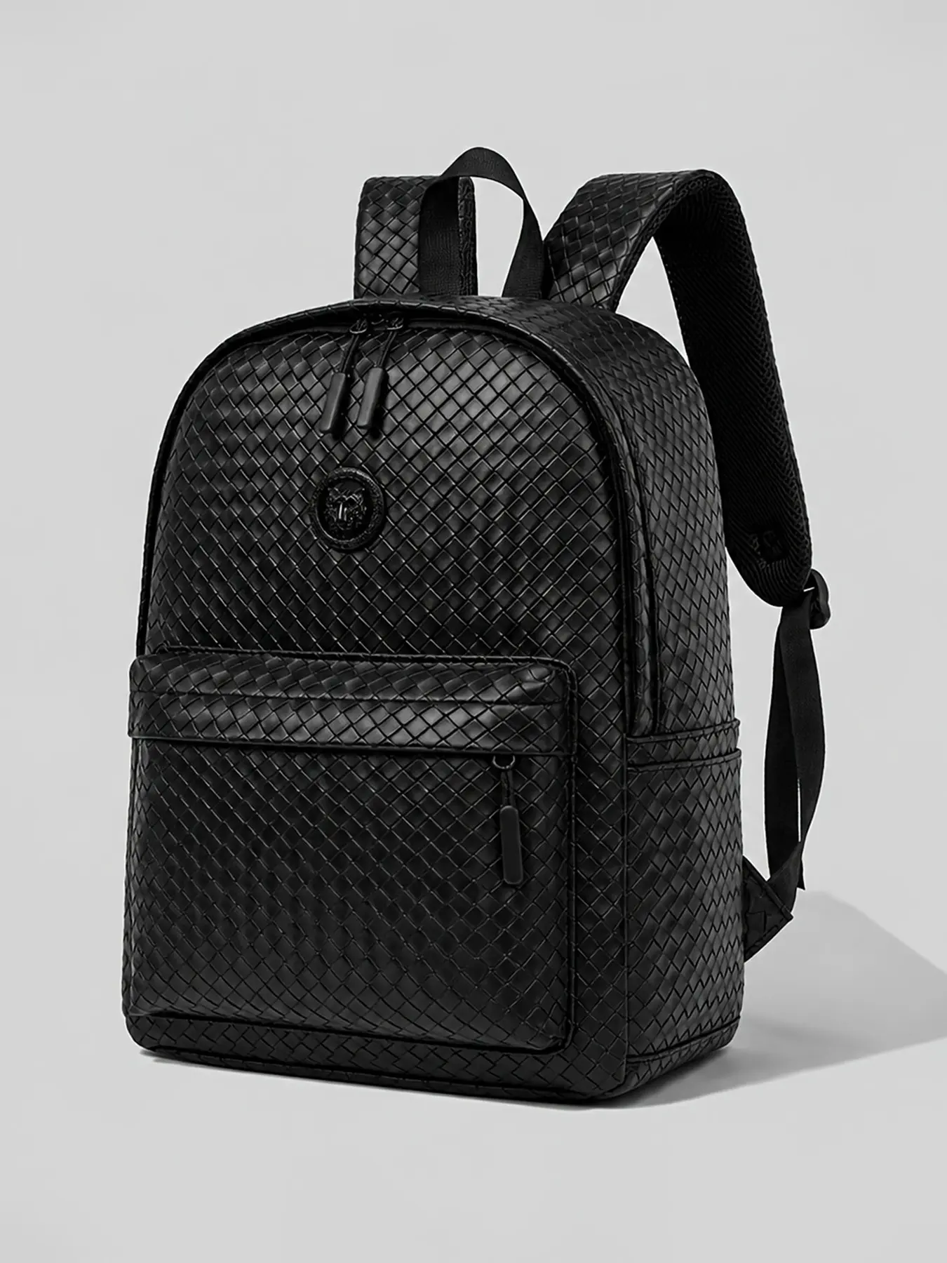 Men's Business Casual Tiger Head PU Backpack, Large Capacity Book Bag, Simple Weave Pattern, Versatile Student Backpack, School Backpack