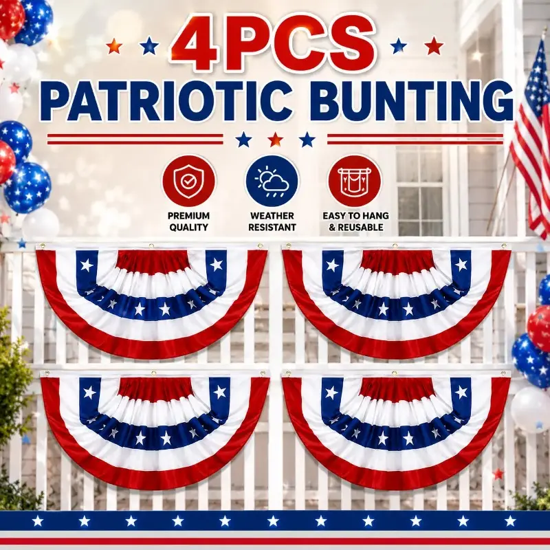 Patriotic Pleated Fan Bunting, 4-Piece US Flag Banner Set in Fade-Resistant Polyester, 1.5 x 3.0 ft Outdoor Decor for Independence Day, Anniversary