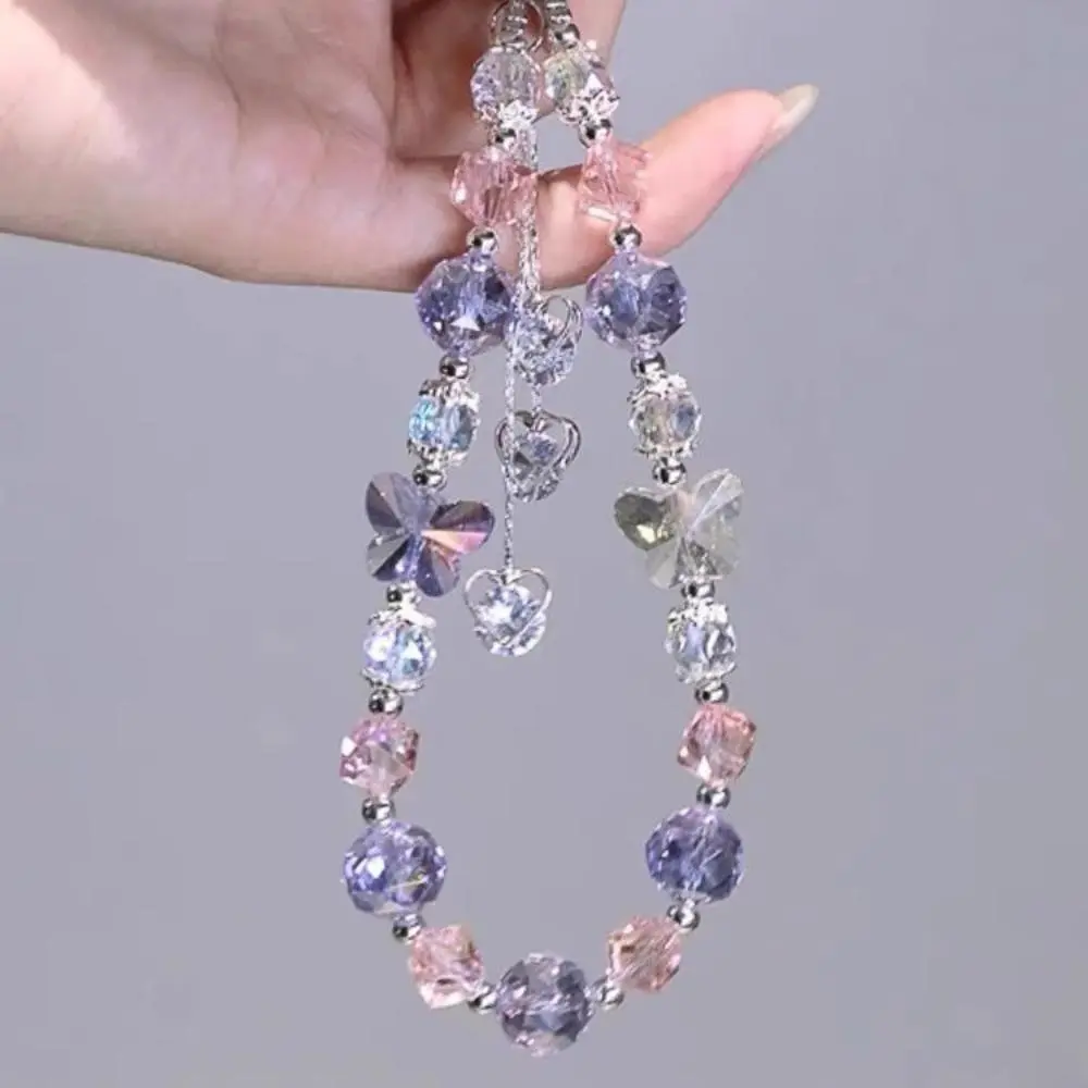 Sparkly Purple Crystal Beaded Phone Charm, Handmade Wristlet Phone Strap with Butterfly & Heart Pattern, Multi-use Aesthetic Accessory, Convertible Bag Keychain & Fashion Bracelet, Trendy Y2K Decor Gift for Young Adult Women
