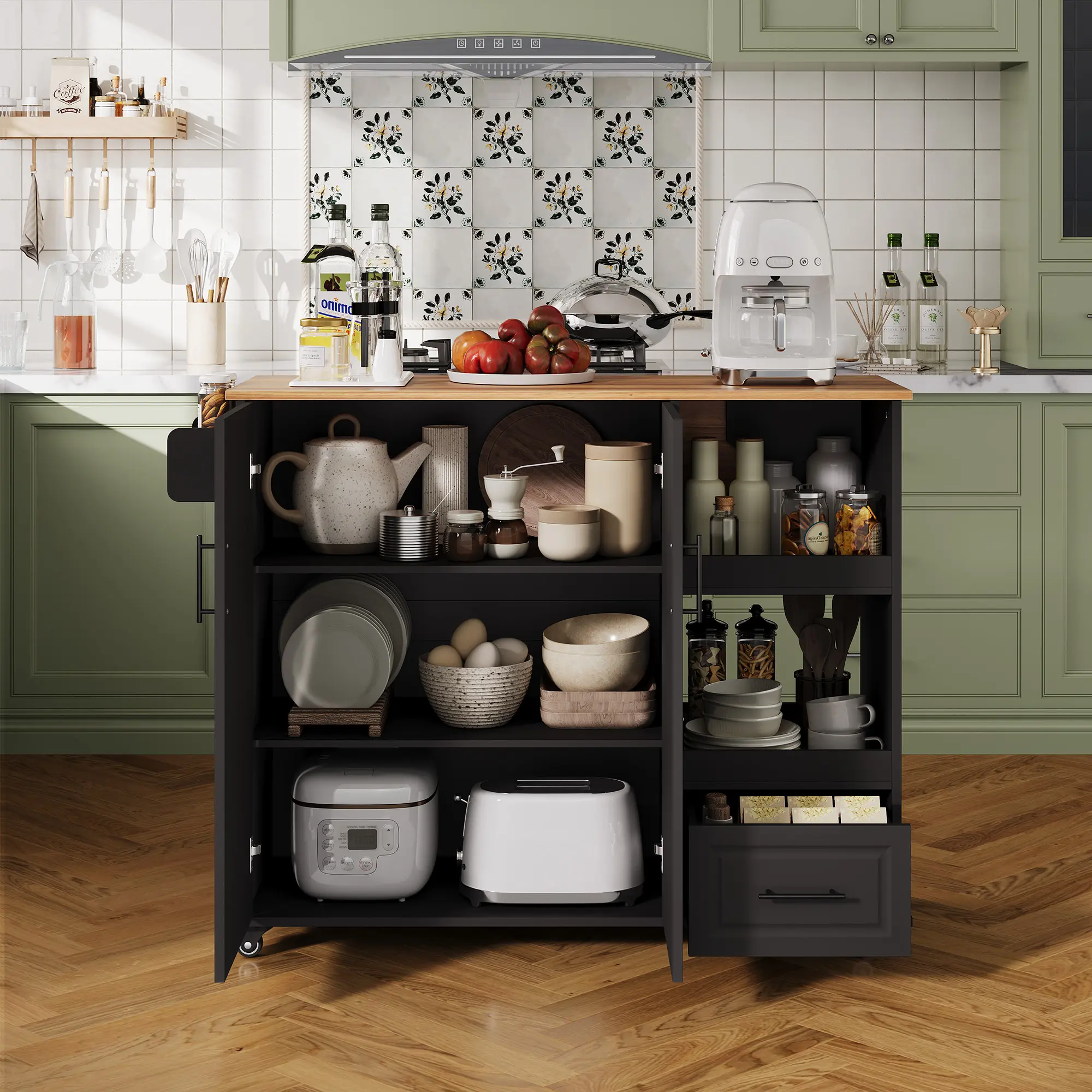 43.3" Wide Easy-Rolling Kitchen Island Cart on Wheels - Multi-Purpose Indoor Cupboard with Drop Leaf, Spice Rack, Towel Rack, Drawer+Cab Storage, Uninterrupted Worktop, Optimal Height for Gatherings, Snack Cart