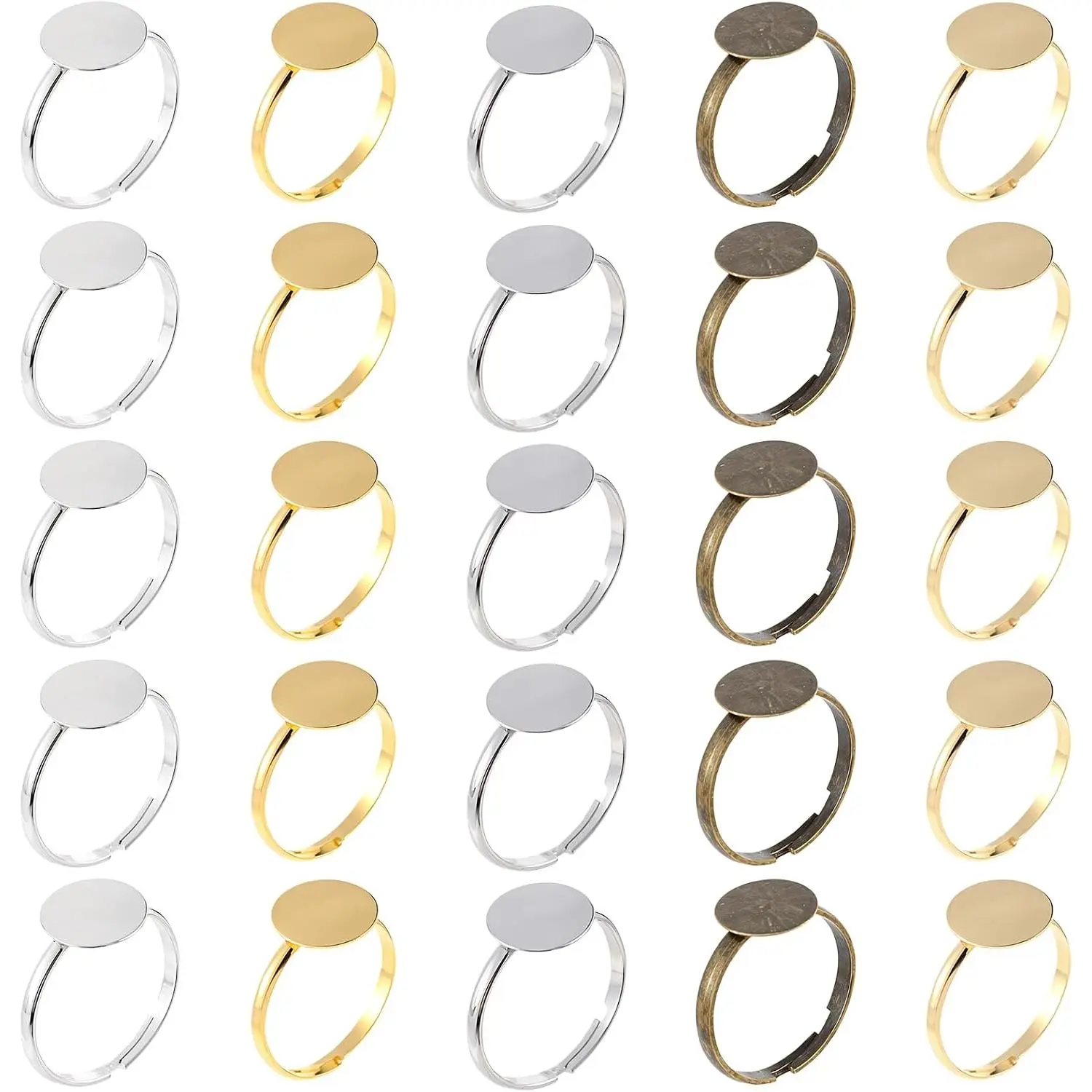 50 count Ring Blanks for  Making Supplies Adjustable Flat Ring Base, 12mm Rings Blanks  Findings,   Rose  Black Craft Rings