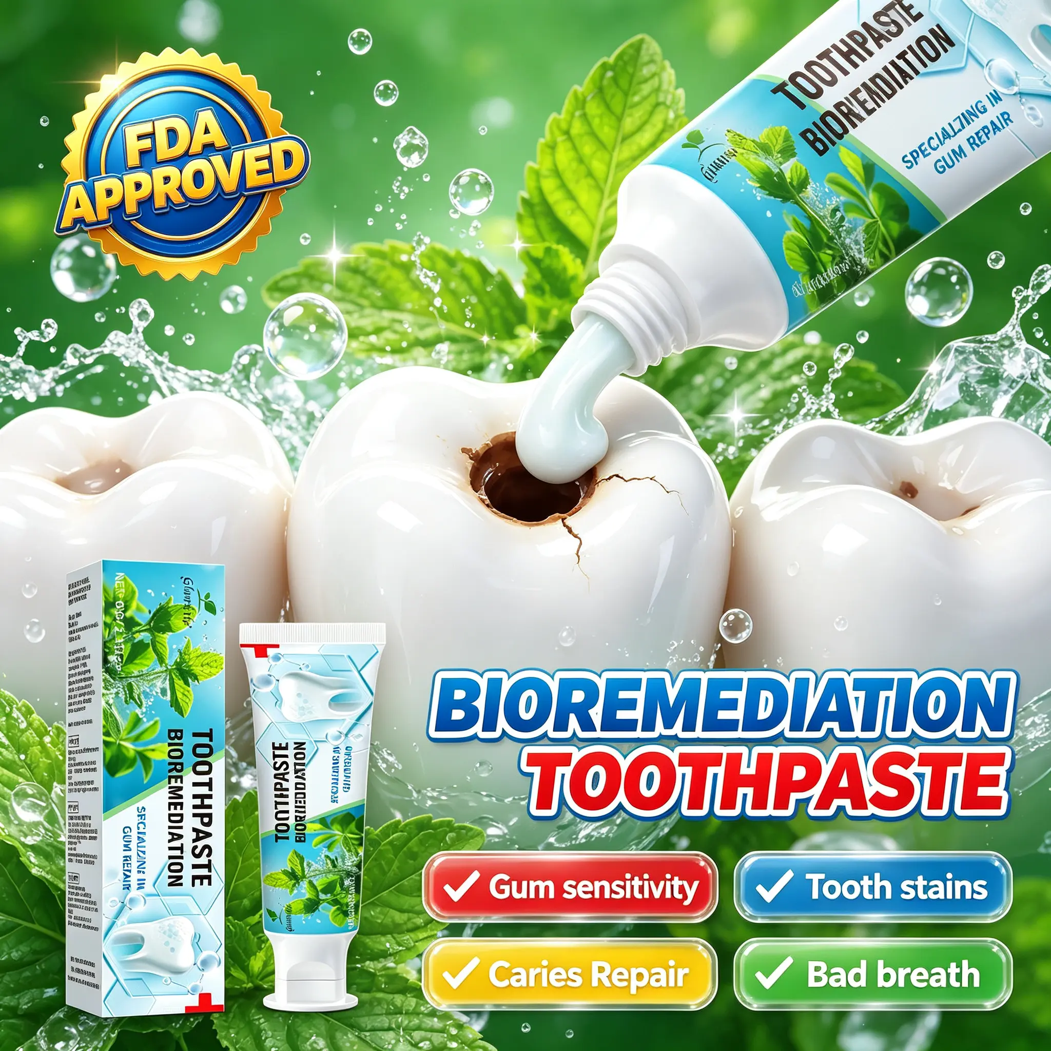 Bio-Repair Oral Toothpaste - FDA Certified, Advanced Biotechnology, Natural Herbal Extracts, Peppermint Mint, Gentle for Sensitive Gums, Daily Plaque Cleaning, Cavity Repair, Gum Swelling Reduction