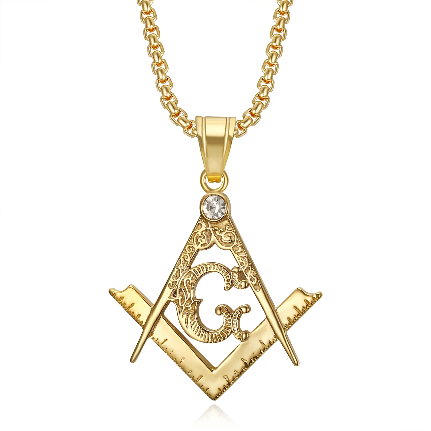 18K Gold Plated Freemason Symbol Pendant Stainless Steel Necklace for Men, 24 inch Chain Masonic Hip Hop Jewelry Gift Necklace And Chain Fashion Necklace
