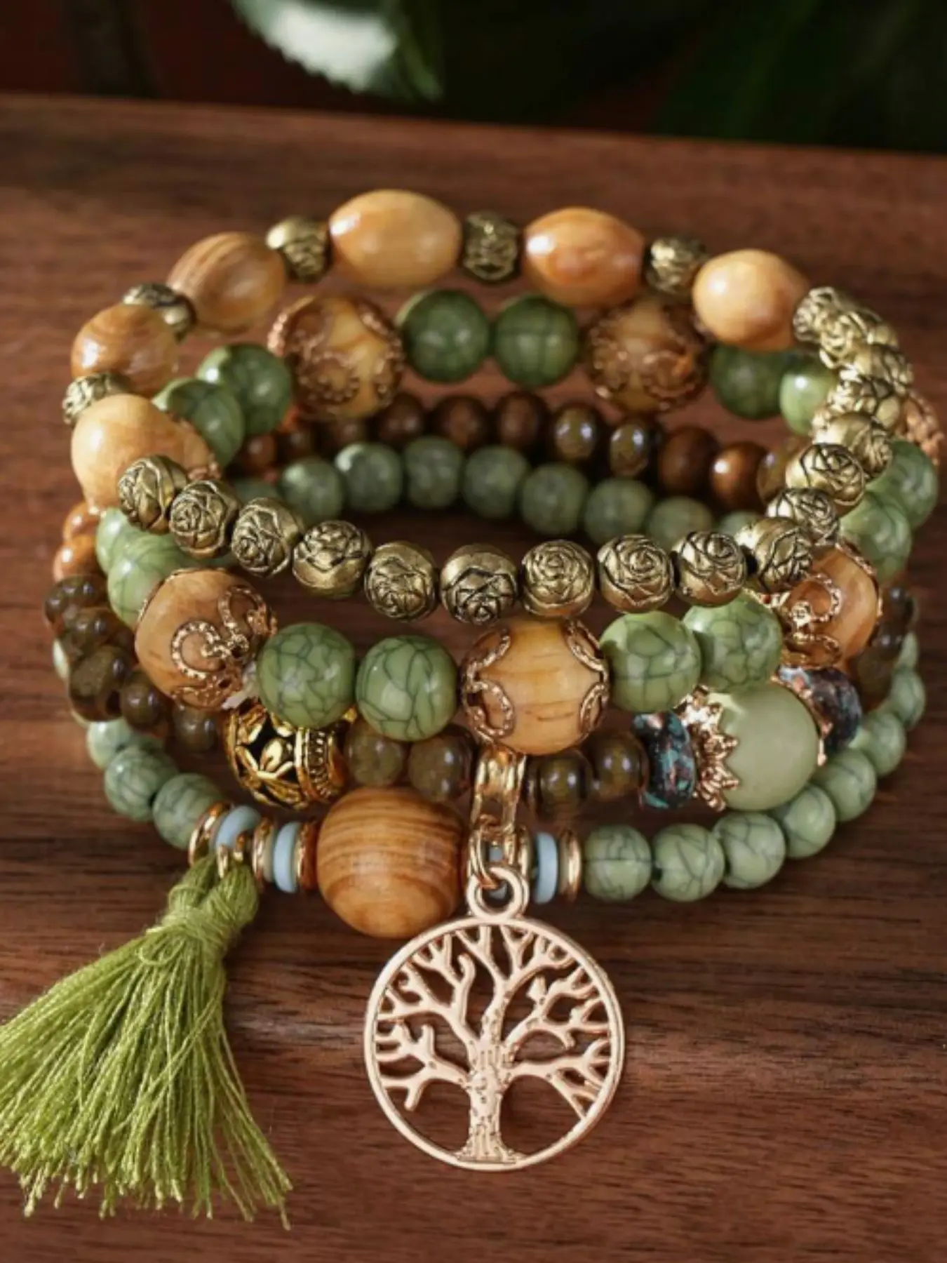 Bohemian Style Life Tree Symbol Beaded Bracelet, Crack Turquoise, Natural Wood Beads, Vintage Rose Gold Spacer, Vintage Accents, Fringe Pendant, Multi-Layered