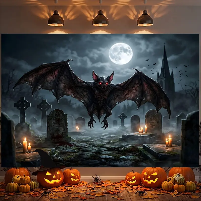 Halloween Backdrop with Giant Red-eyed Bat, Full Moon, Spooky Cemetery and Dark Church, Photography Background, Party Backdrop, Photo Booth Background, Studio Backdrop, Video Background, Haunted House Backdrop, Perfect for Live Stream Backdrop, Portrait S