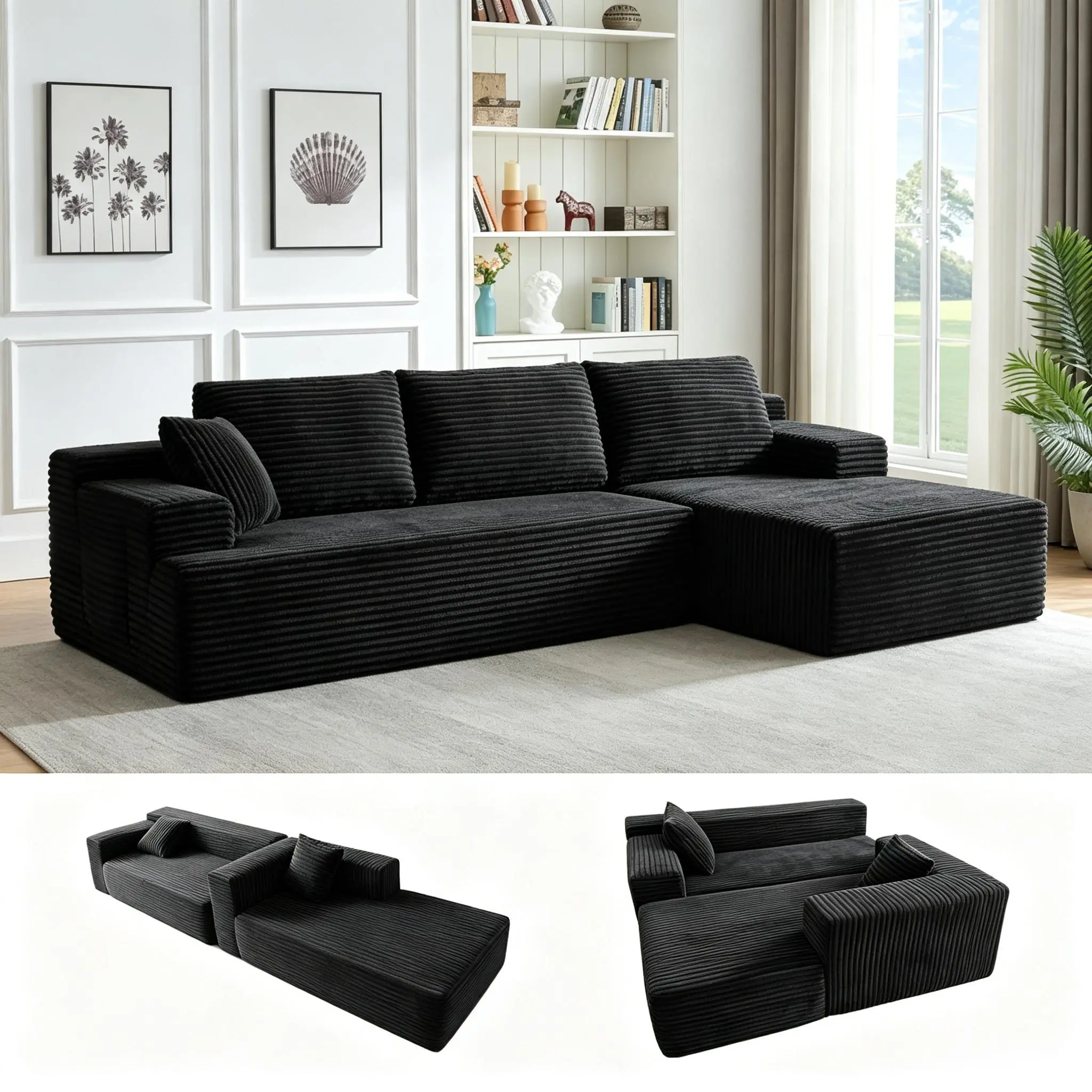 Corduroy L-Shaped Boneless Cloud Compression Sectional Sofa with Chaise, Couch in a Box No Assembly Sleeper Bed, Modular Deep Seating High-Density Foam Upholstered Furniture for Living Room & Bedroom sml