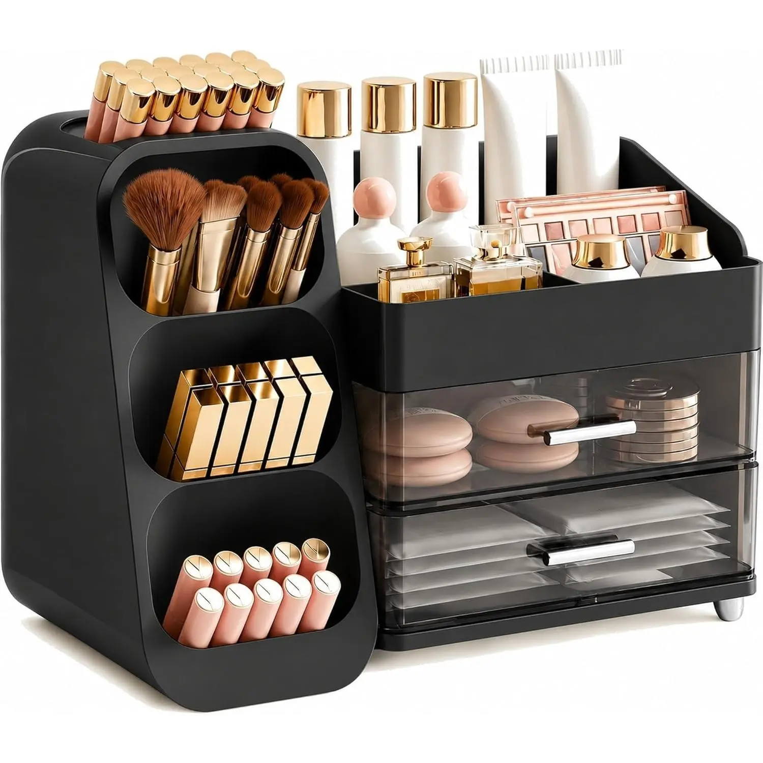 Makeup Organizer with Drawers, Large Capacity Countertop Organizer for Vanity, Bathroom and Bedroom Desk Cosmetics Organizer, Easy To Storage Skincare, Brushes, Lotions, Lipstick (Black)