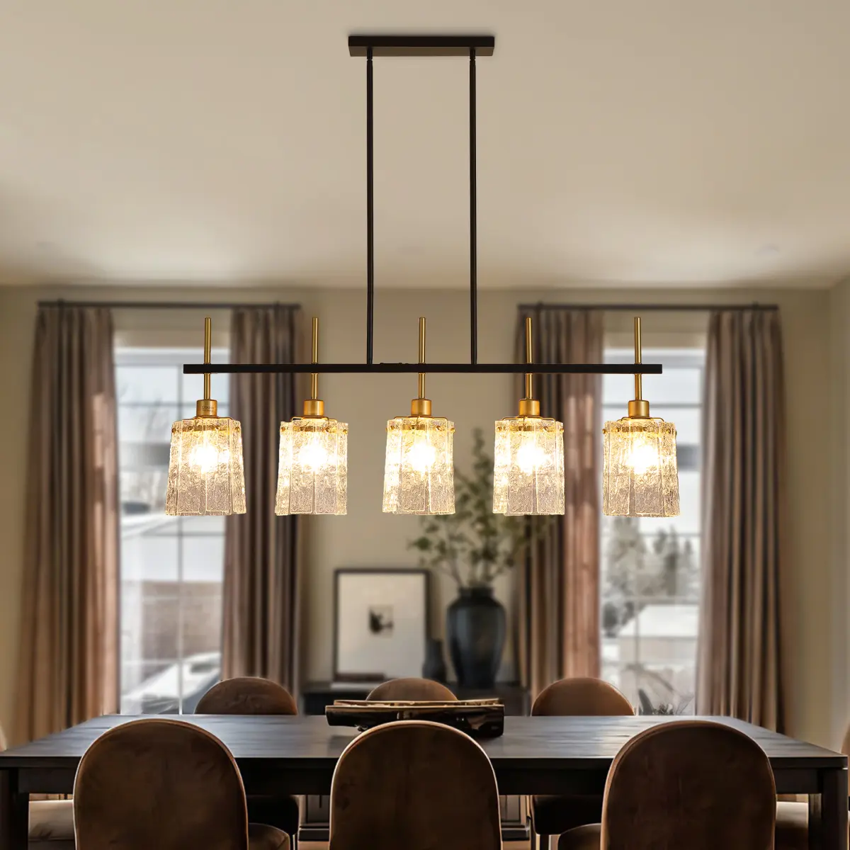 Farmhouse Chandelier 5-Light Dining Room Light Fixture Over Table Kitchen Island Lighting Rustic Chandeliers for Dining Light with Glass Pendant Lights Kitchen Island