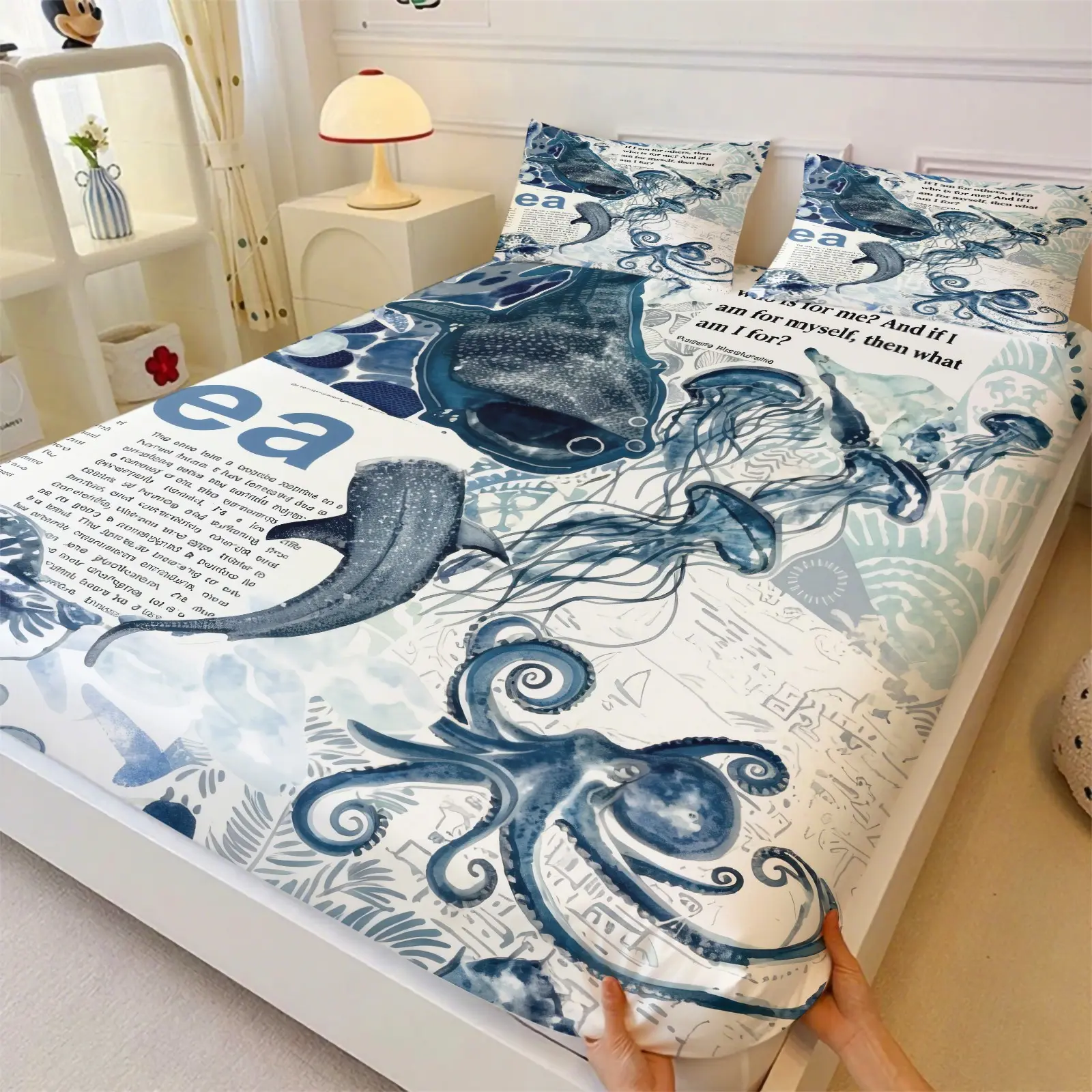 Four-Season Bedding Set, 3-Piece Blue Whale Shark Jellyfish Newspaper Style Design, Soft Breathable Comfort, Includes 1 Fitted Sheet and 2 Coreless Pillowcases, Bedroom, Dorm and Kids Room Decor Bedding