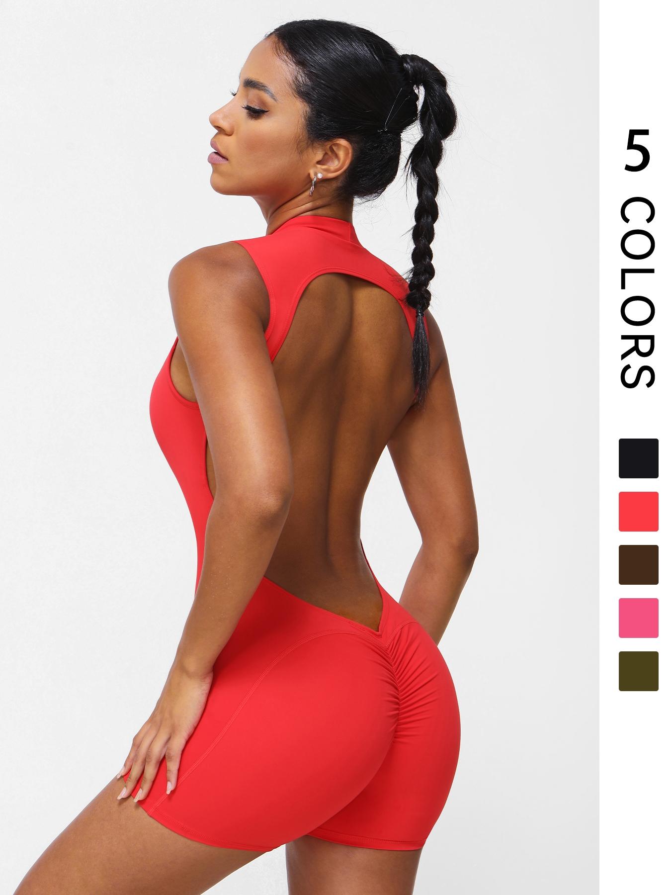 Women's Solid Color Sporty Jumpsuit, Sexy Tight Fit Sleeveless Backless Design, Fashionable Comfortable Yoga Fitness One-Piece Sporty Comfy Jumpsuit