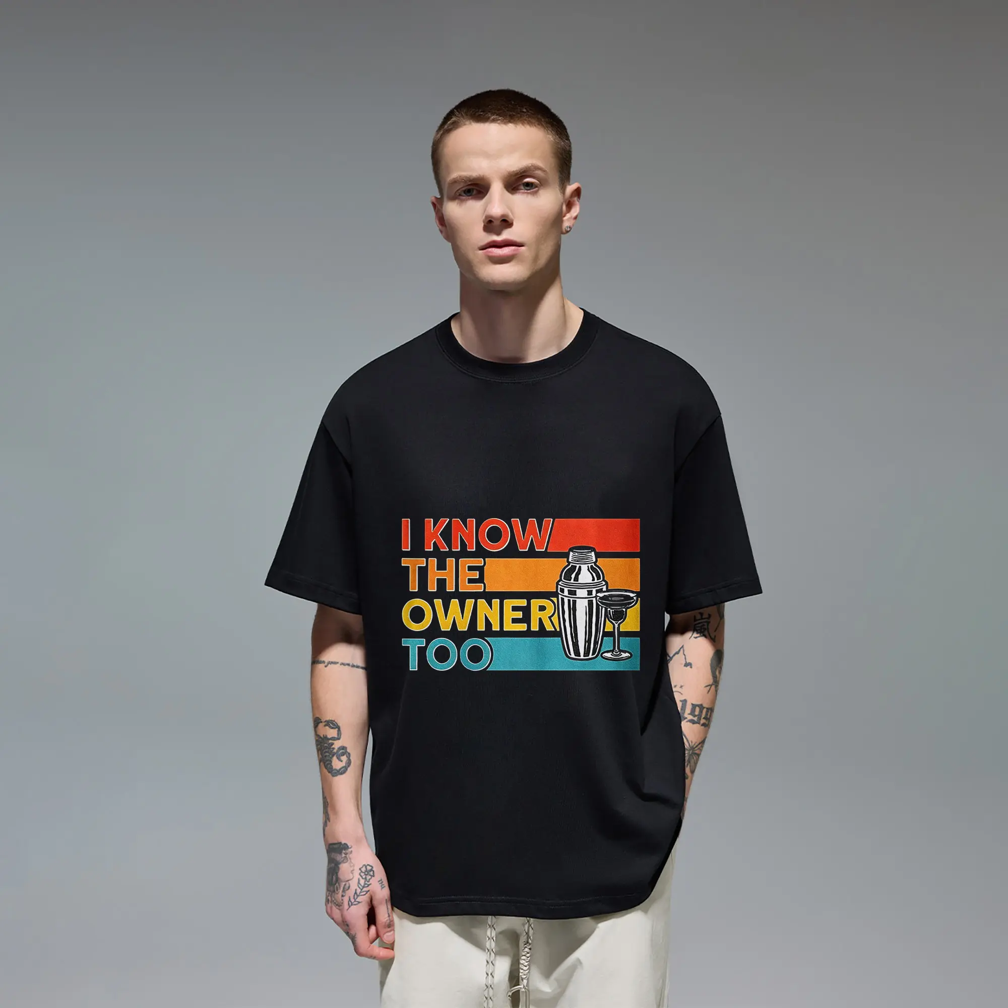 Funny Bartender T-Shirt I Know The Owner Too Cocktail Shaker Graphic Tee Mixologist Humor Novelty Gag Gift for Men Women Bar Staff Waiter Waitress Hospitality Industry Sarcastic Work Joke Pub Outfit Casual Black Top