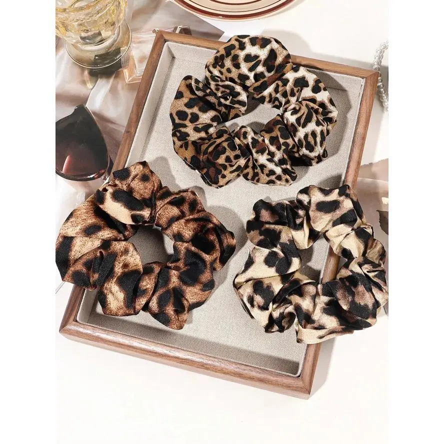 Women's Leopard Print Scrunchies Set - 1-Size High-Elastic Indoor Recreation Headwear, Casual Fashion Accessory with Thick Hold, Strong Grip for Everyday Use & Parties