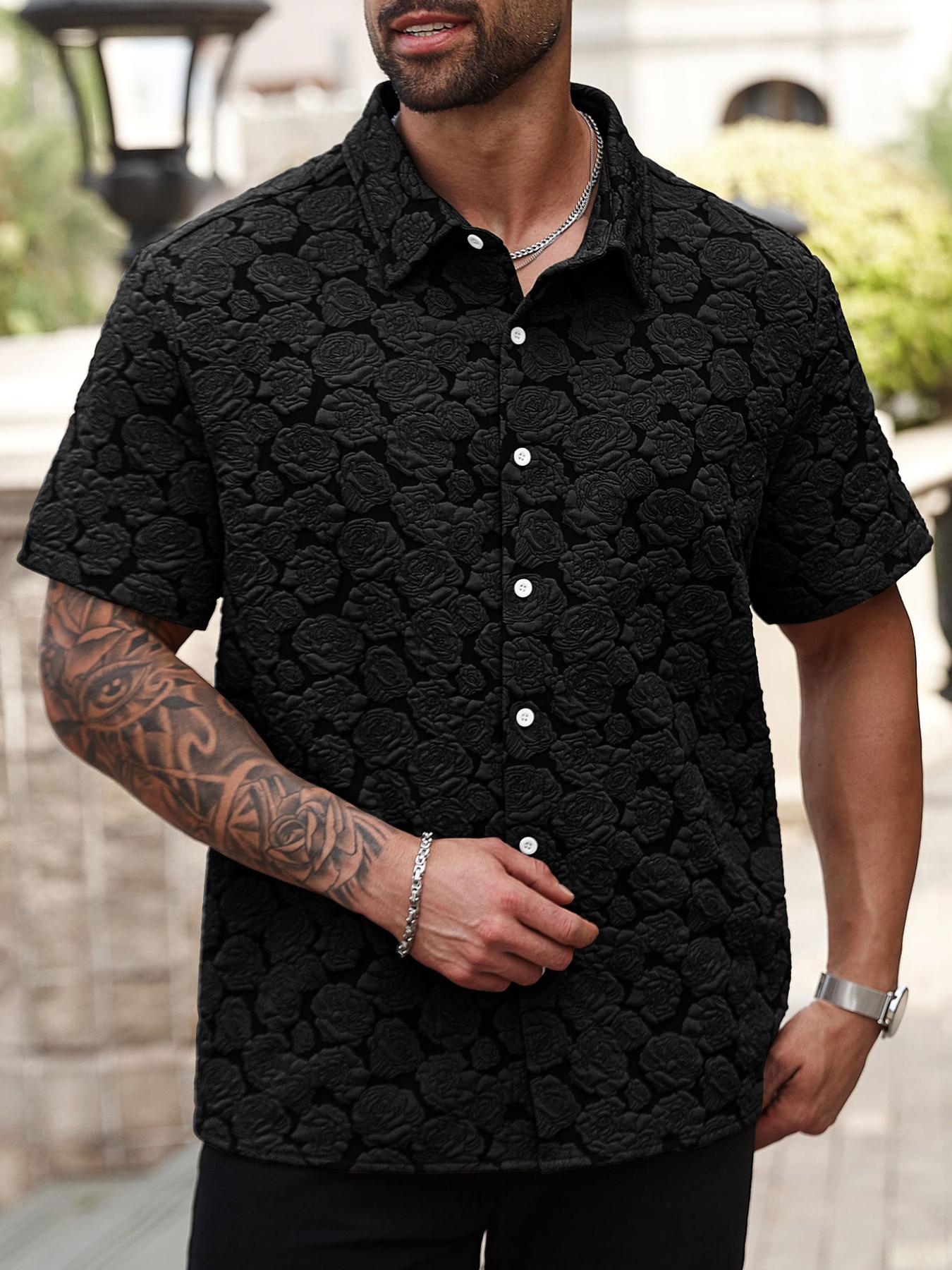 Men's Casual Short Sleeve Shirt with Rose Pattern, Casual Party Shirt, Retro Luxe Textured Coffee Shirt for All Seasons, Casual Stylish Menswear, Great Gift for Boyfriends