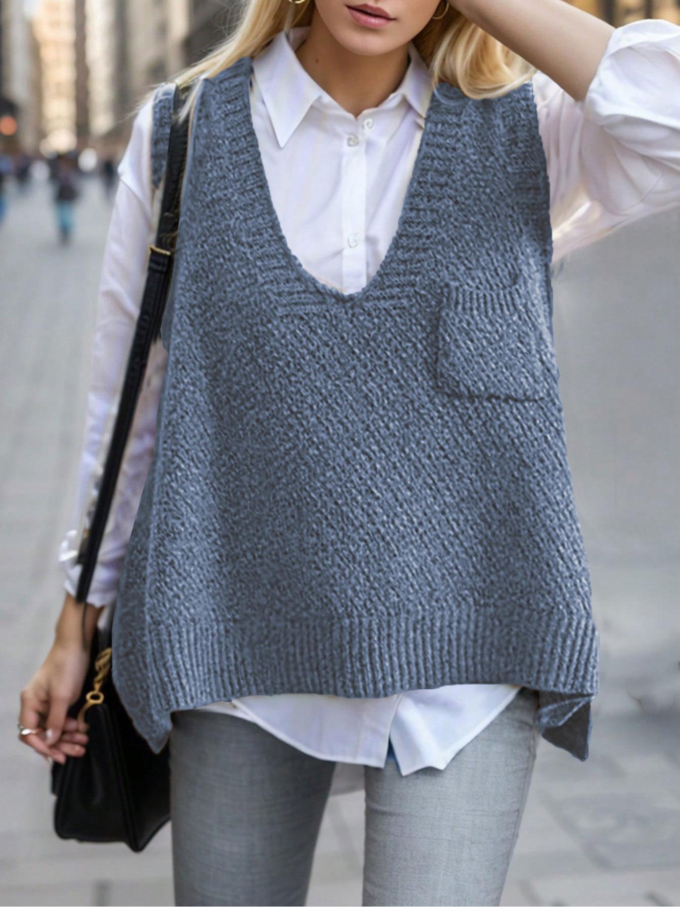 Women's Solid Pocket High Low Hem V Neck Sweater Vest, Casual Sleeveless Jumper Vest for Daily Wear, Ladies Knitwear for All Seasons, Chic Elegant Vest