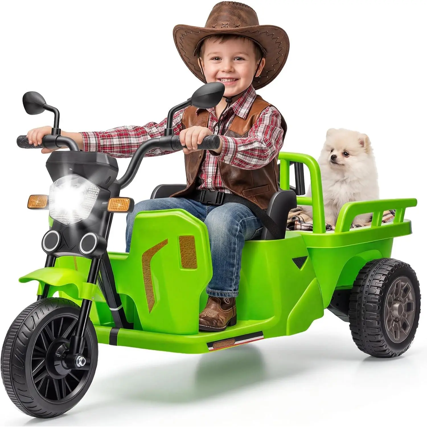 12V Kids Motorcycle, 3-Wheels Electric Tricycle with Trailer, Ride On Tractor Ride on Motorcycle for Kids Toddler, w/Sand Shovel, 2x55W Motor, Bluetooth, Music, Headlight, Gift for Boy Girl, Green/Yellow/Blue/Red/Pink