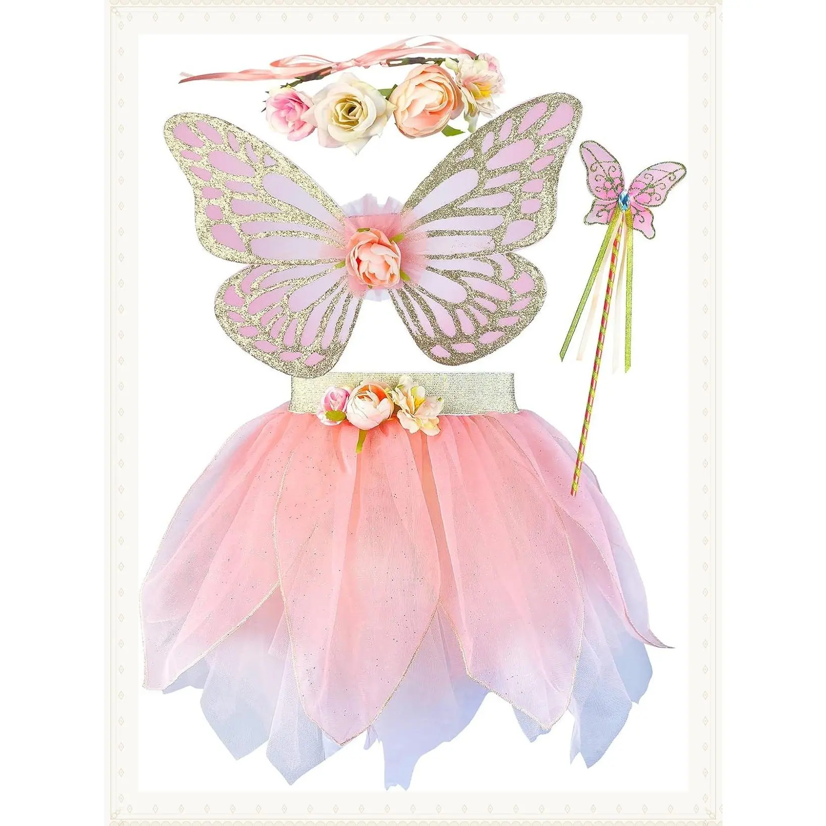 Girls Fairy Costume Set with Butterfly Wings, Tutu, Wand, and Halo HeadbandGift