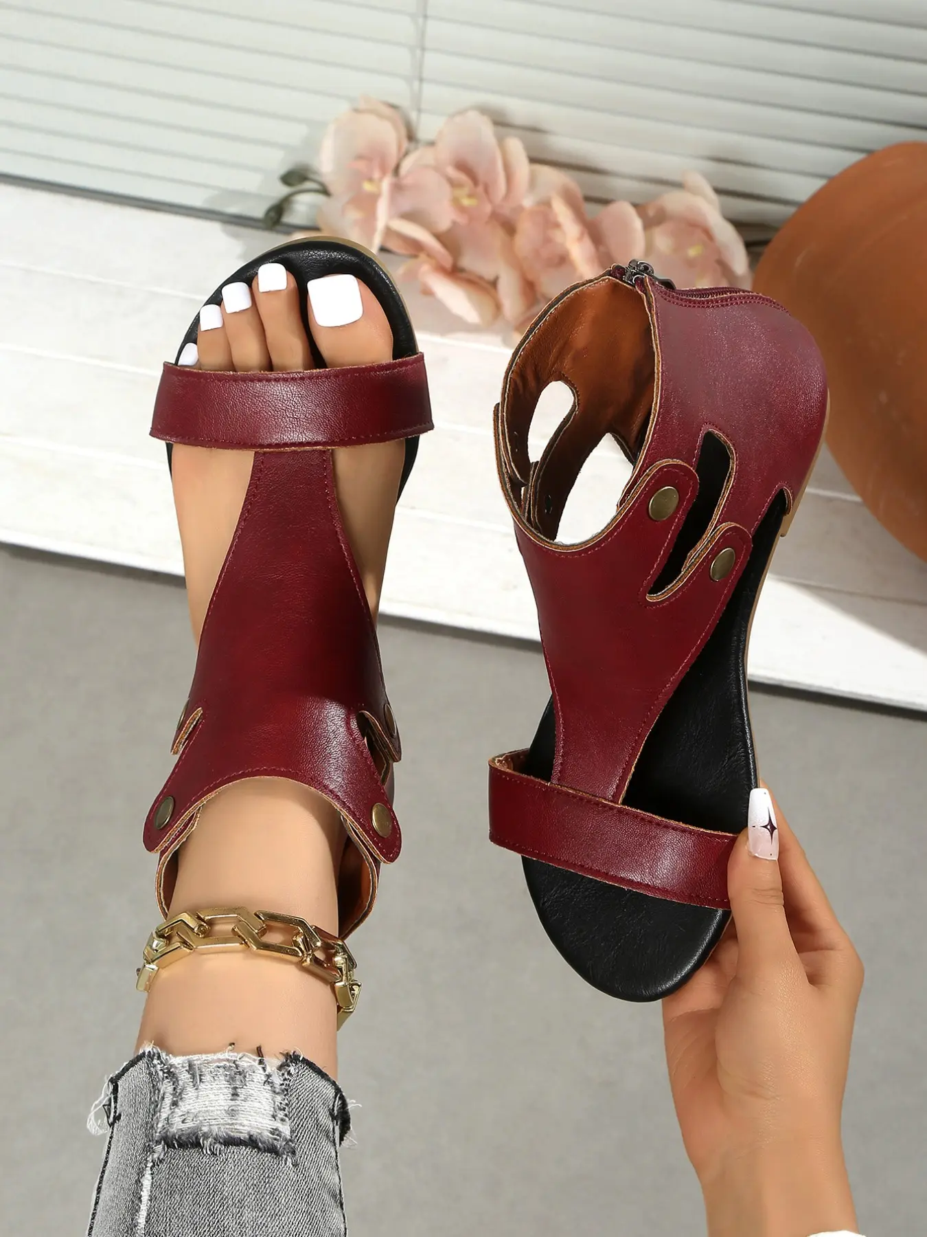 Women's Wine Leather T-Strap Flat Sandals, Open Toe Ankle Cuff Gladiator Sandals with Metal Rivets, Stylish Chic Summer Footwear for Summer