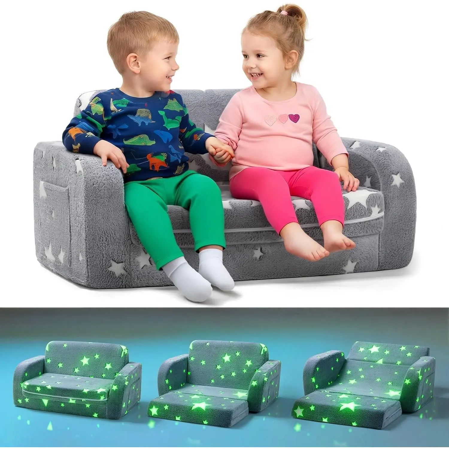 3-in-1 Extra Wide Convertible Kids Couch, Flip Open Kid Sofa, Machine-Washable Kid Couch for Girls, Kids Sofa for Fun Playtime, Grey, Flannel