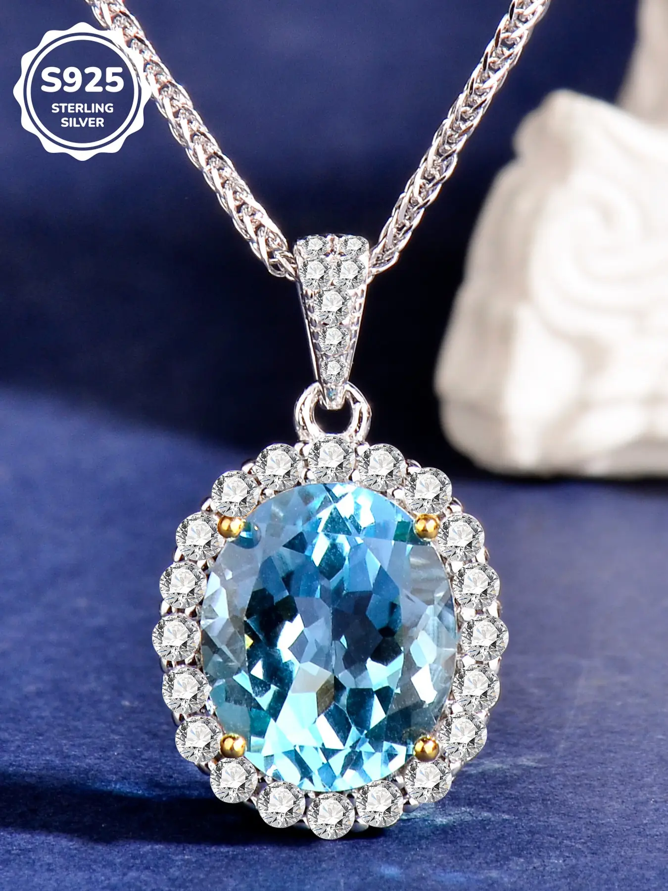 925 Sterling Silver Blue Topaz Pendant Necklace for Women, Oval Gemstone Halo Sparkle Necklace Gift