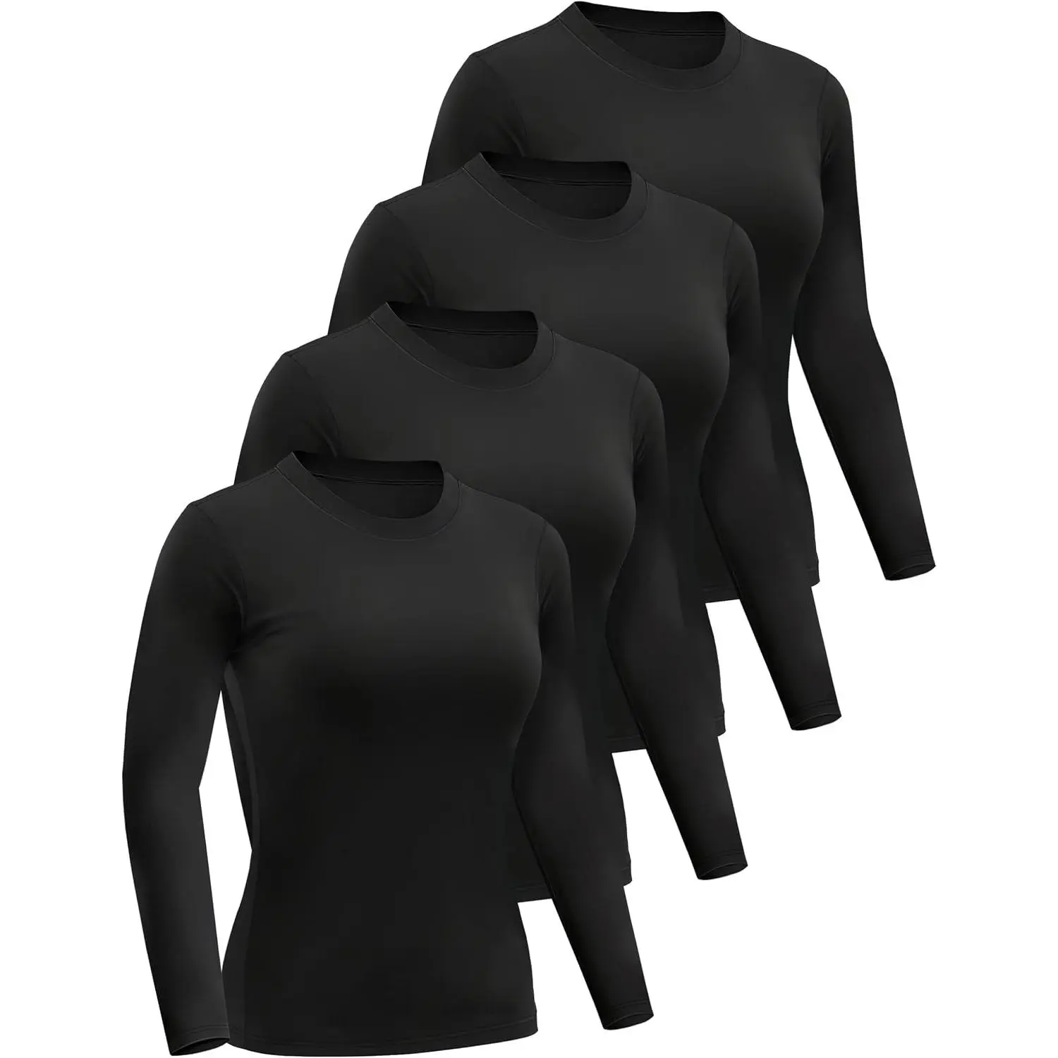 Women’s 4-Pack Long Sleeve Solid Color Crew Neck Slim Fitted Compression Long Length Tops - Undershirt Top, Underscrubs, Gym Workout Athletic Wear, Solid Colors