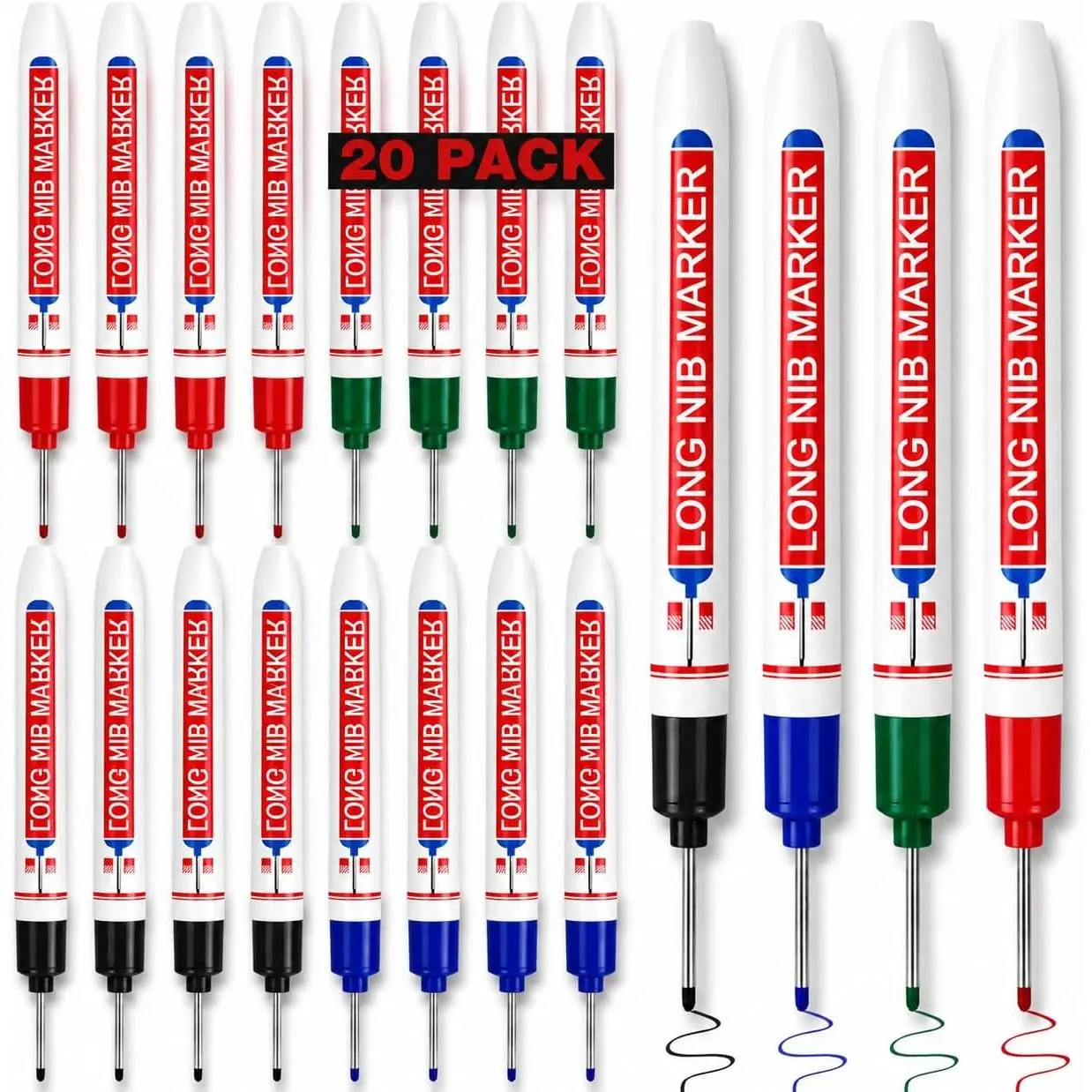 20 count Long Nib Marker, 20 mm Long  Deep Hole Marker Pens, Fine Nose Tip Deep  Permanent  Markers for Metal, Construction Markers, Marking Pen for Drilling, Carpenter, Woodworking