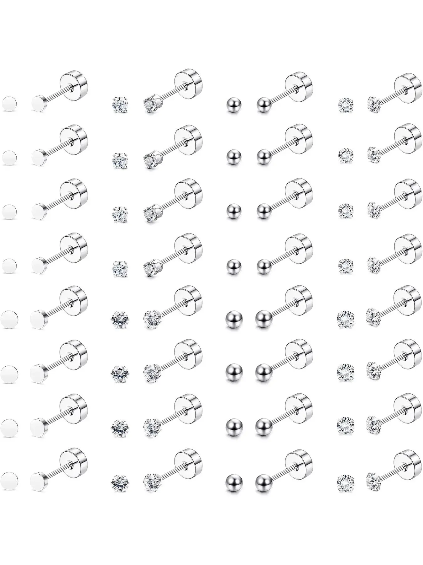 16Pairs Flat Back Earrings for Women Men Tiny Stud Earrings Set Fashion Jewelry Earrings Hypoallergenic Surgical Stainless Steel, Flat Back Studs, 2mm 3mm CZ/Flat/Ball Stud Earrings, Cartilage Tragus Helix Piercing