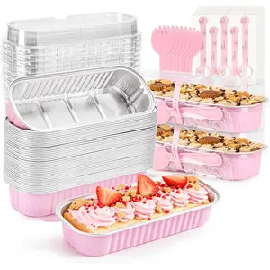 50 Pack Mini Loaf Pans with Lids Rectangle Individual Cake Pans Aluminum Foil Pans for Large Gatherings Picnics Vacations Parties(Pink, 6.8 OZ)