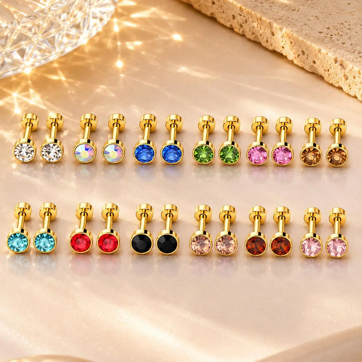 12 Pairs Multicolor Birthstone CZ Stud Earring Set for Women, 14K Gold Plated Surgical Stainless Steel Cubic Zirconia Piercing Jewelry Gift for Birthday Holiday