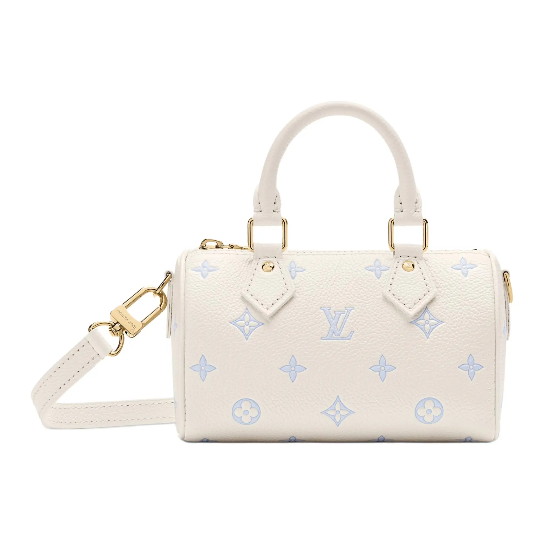 Louis Vuitton Nano Speedy Handbag for Women – Monogram Grain Leather with Gold-Tone Hardware, White and Blue, Blue-Toned Women's Handbags, 2-Tone Women's Handbags