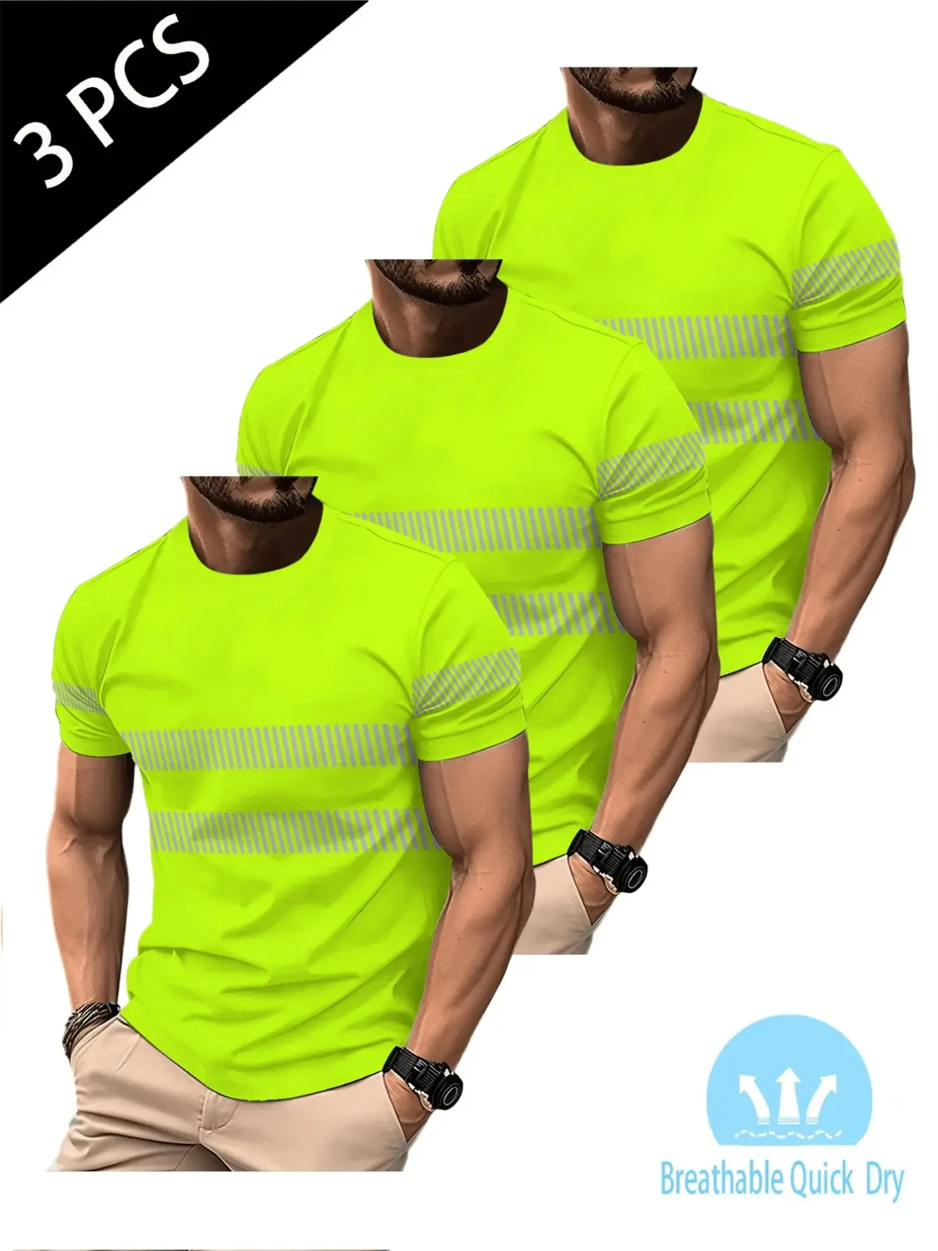 Men's 3-Pack Fluorescent Quick-Dry T-Shirts, High Visibility Workwear, Short Sleeve Top for Outdoor Construction, Roadwork, Cycling and Field Operations