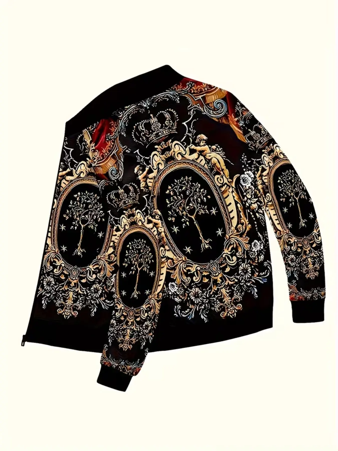 European Courtly Baroque Vintage Crown Angel Print Lightweight Soft Shell Jacket, Fashion Fitted Casual Jacket for Spring & Fall