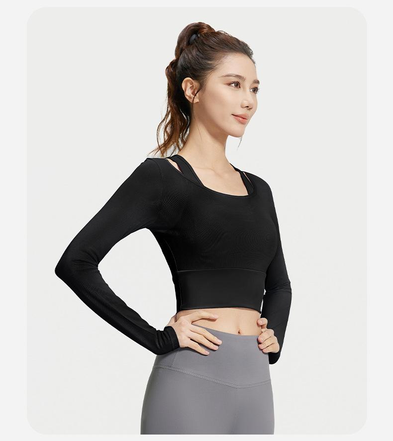 Women's Yoga Outfit for Spring and Autumn, Two-piece with Chest Pads, Long Sleeve Mesh Sheer Sports Top for Pilates Training and Fitness
