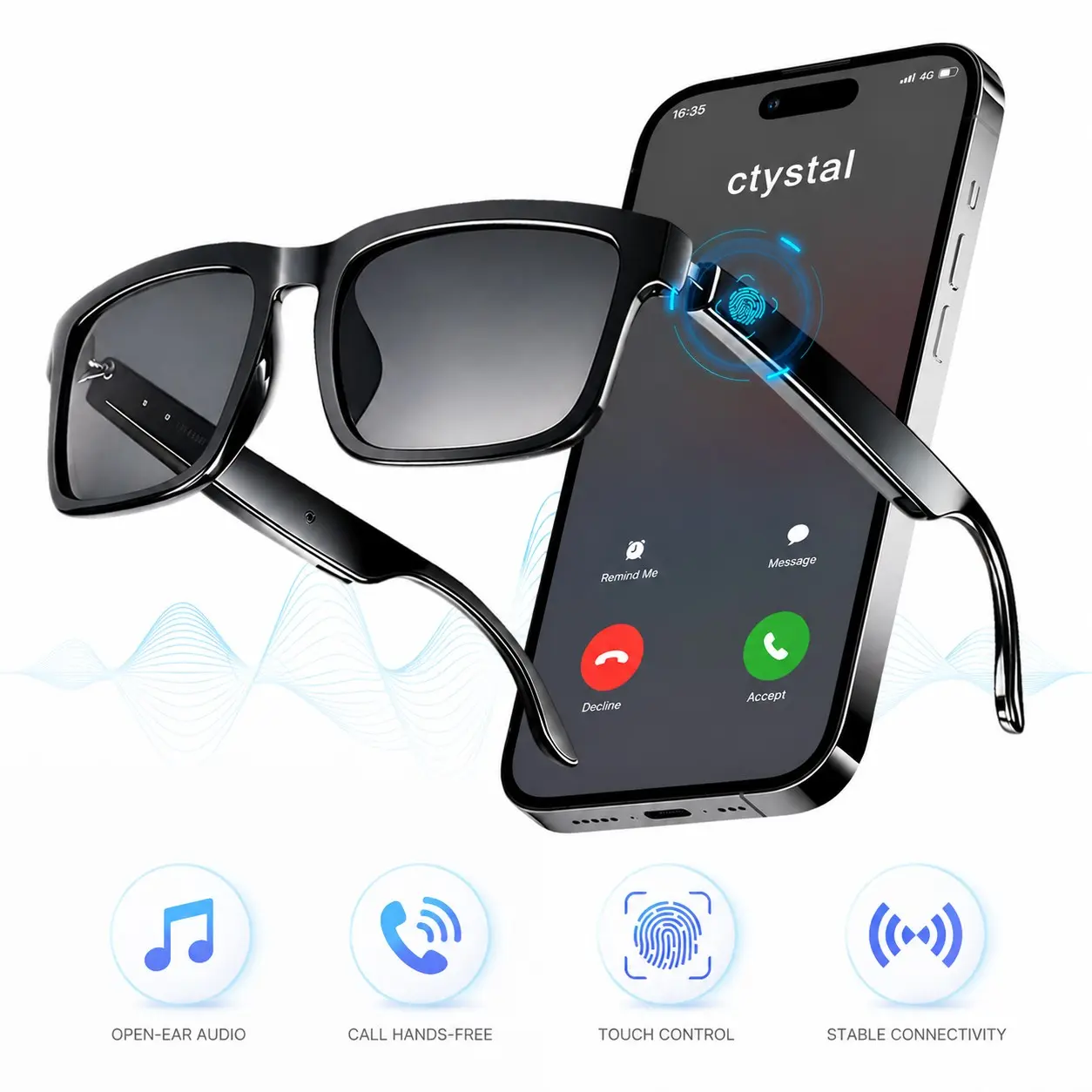 Bluetooth Smart Audio Glasses, Smart Music Glasses, with Open-Ear Speakers & Mic for Hands-Free Calls, Touch Control & Voice Assistant, Anti-UV Lenses for Running, Cycling and Daily Outdoor Use, Unisex Sunglasses