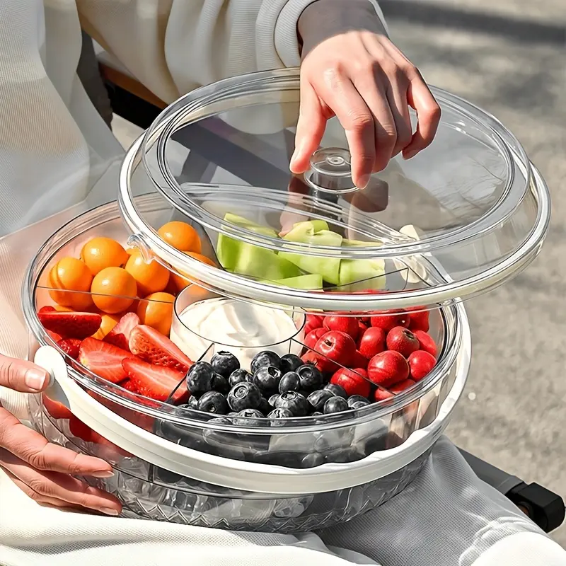 Transparent Divided Vegetable Serving Tray with Lid and Dipping Sauce Compartment, Rotating Fruit Platter for Parties, Outdoor Picnics, Catering, Refrigerator-chilled Tote Basket, Suitable for Snacks, Plastic Food Storage