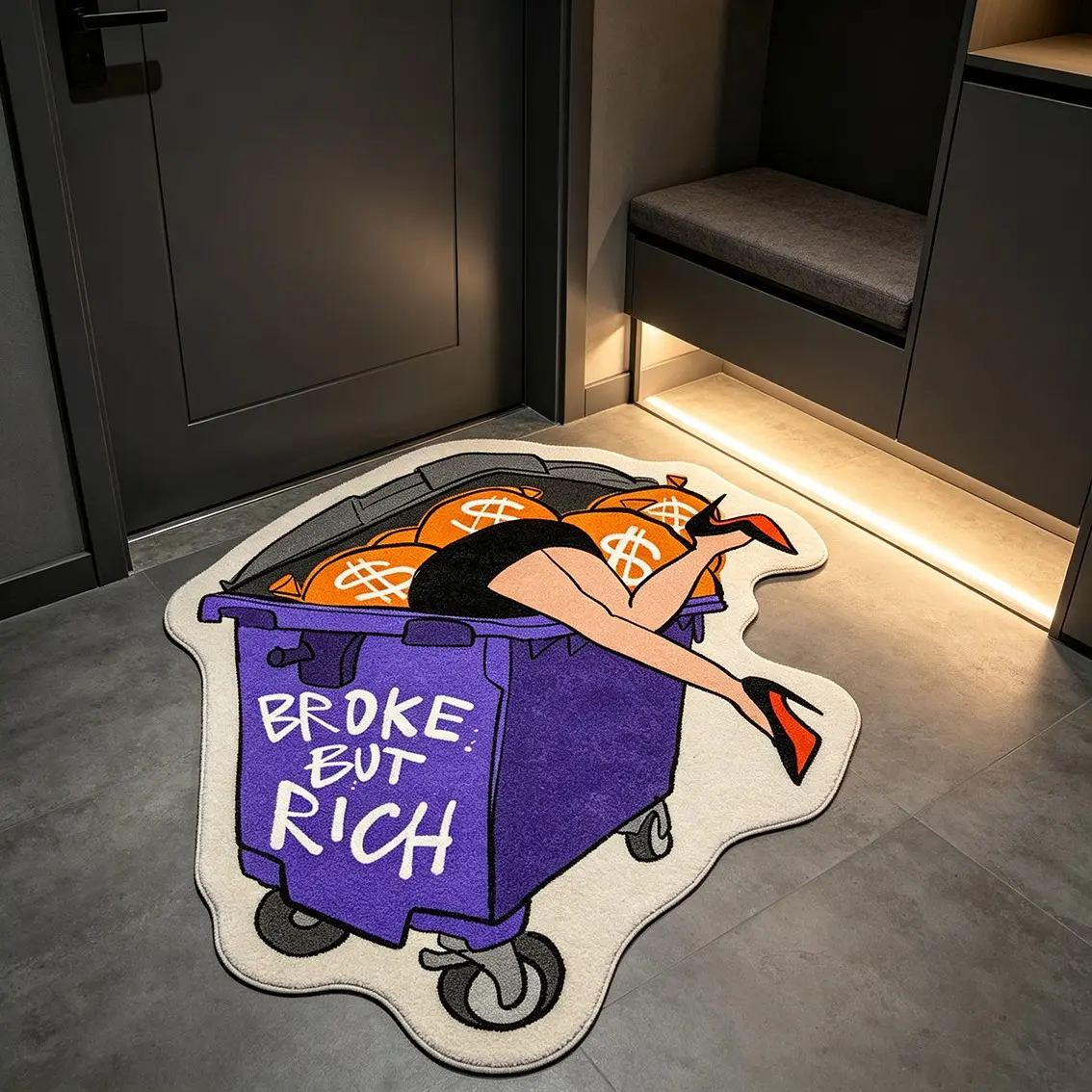 Irregular Dumpster‑Shaped Area Rug, Funny Comic Graphic With "Broke But Rich" Slogan Soft Plush Floor Mat, Non‑Slip Decorative Carpet for Entryway Bedroom Living Room Home Decor