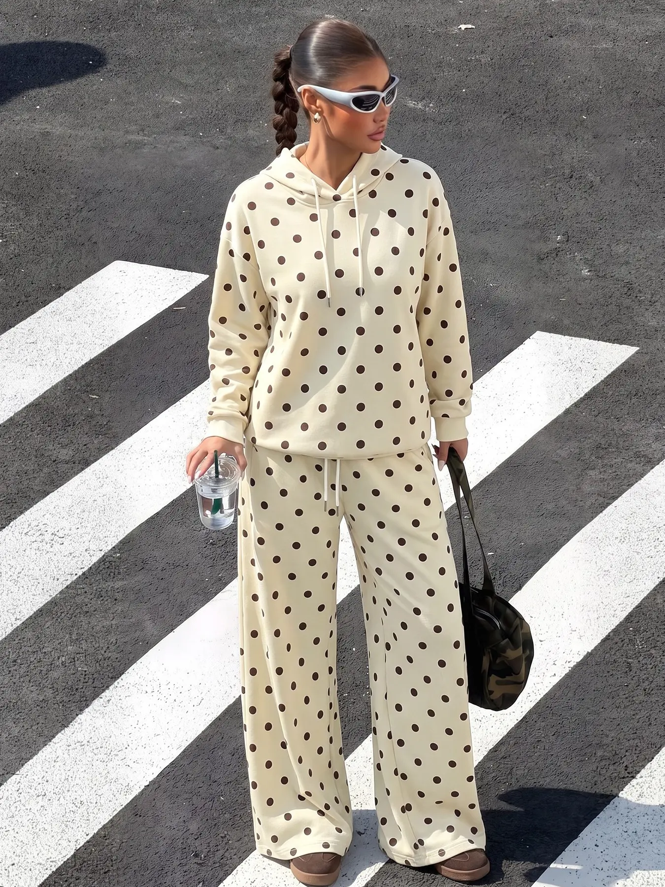 Women Cream Base Brown Polka Dot 2 Piece Tracksuit, Oversize Drawstring Hooded Sweatshirt And High Waist Wide Leg Flared Trousers Vintage Loungewear Set, Loose Drapey Relaxed Streetwear Matching Outfit For Fall Daily Home Travel Going Out Wear