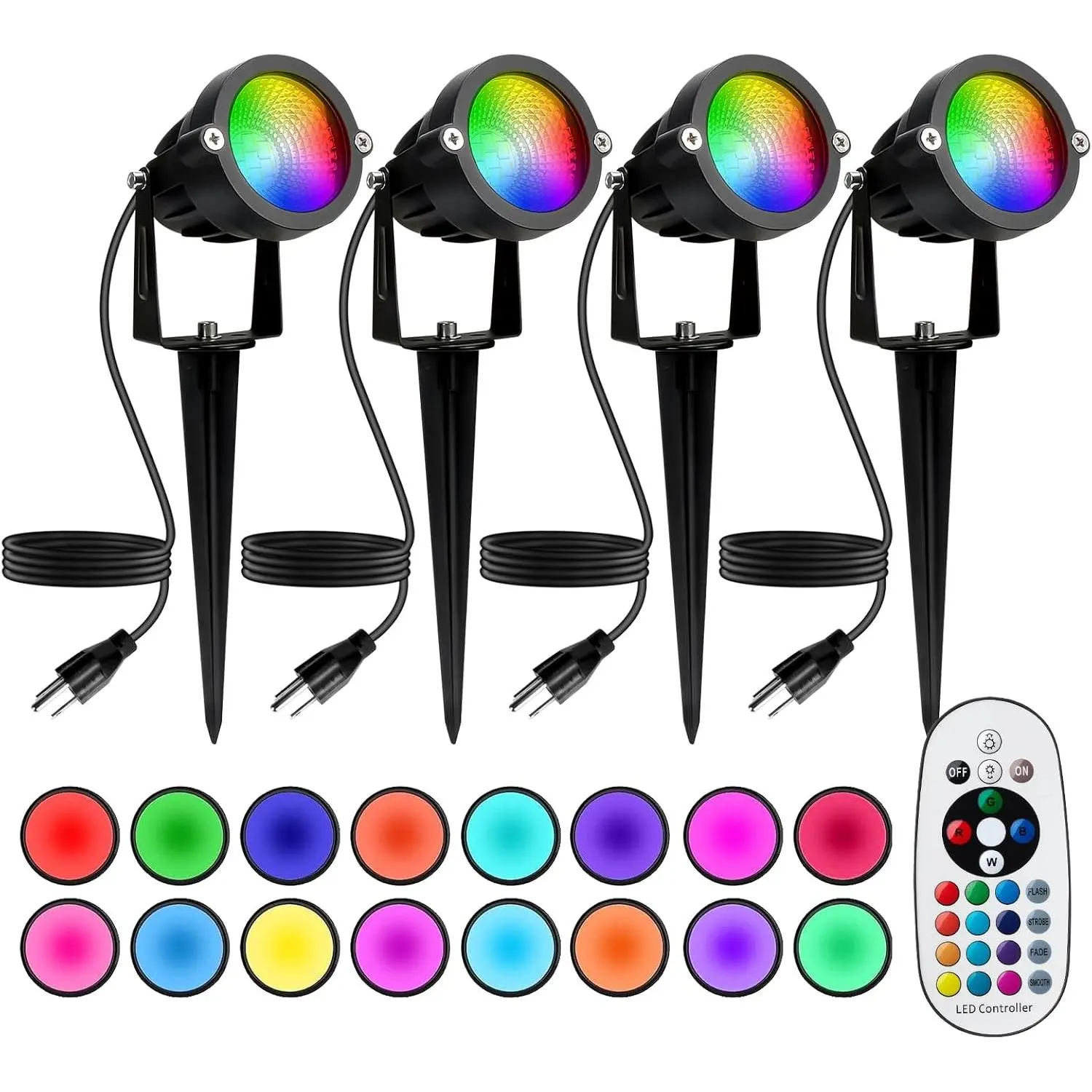 Outdoor RGBW LED Spot Lights (4-Pack) - 12W, 16 Color Changing, IP65 Waterproof, 120V Plug-In, Remote Control, Decor for Baby Costume Jewelry Displays, Yard & Garden