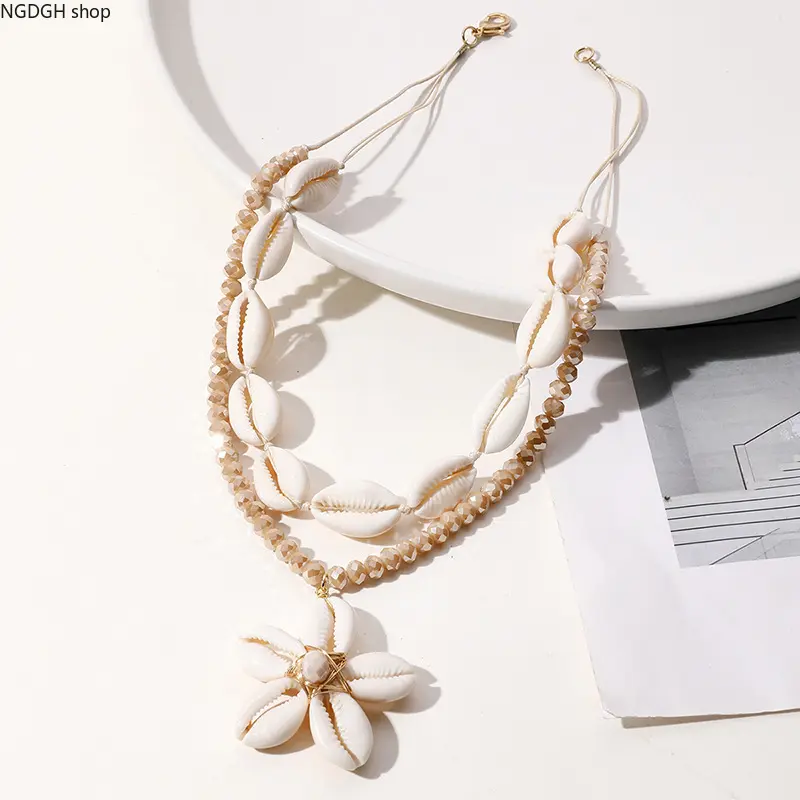 Bohemian Layered White Bead Choker with Natural Shell Flowers Pendant, Adjustable Coastal Jewelry for Female