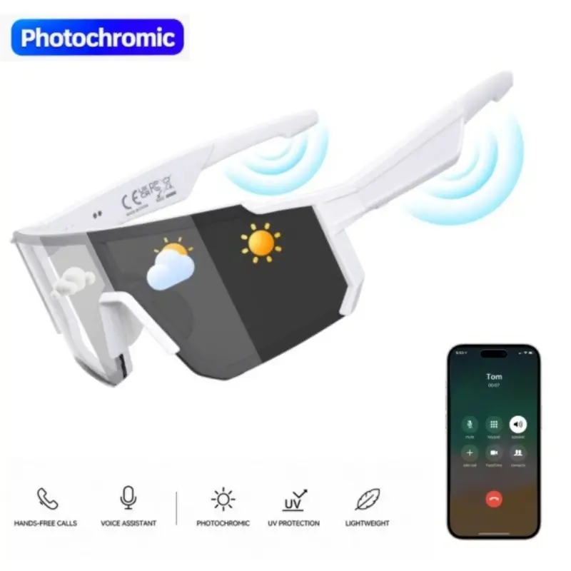 Photochromic Bluetooth Smart Glasses for Men Women, Open-Ear Audio Sunglasses with Hands-Free Calls, Voice Assistant and UV400 Protection for Cycling Running Fishing