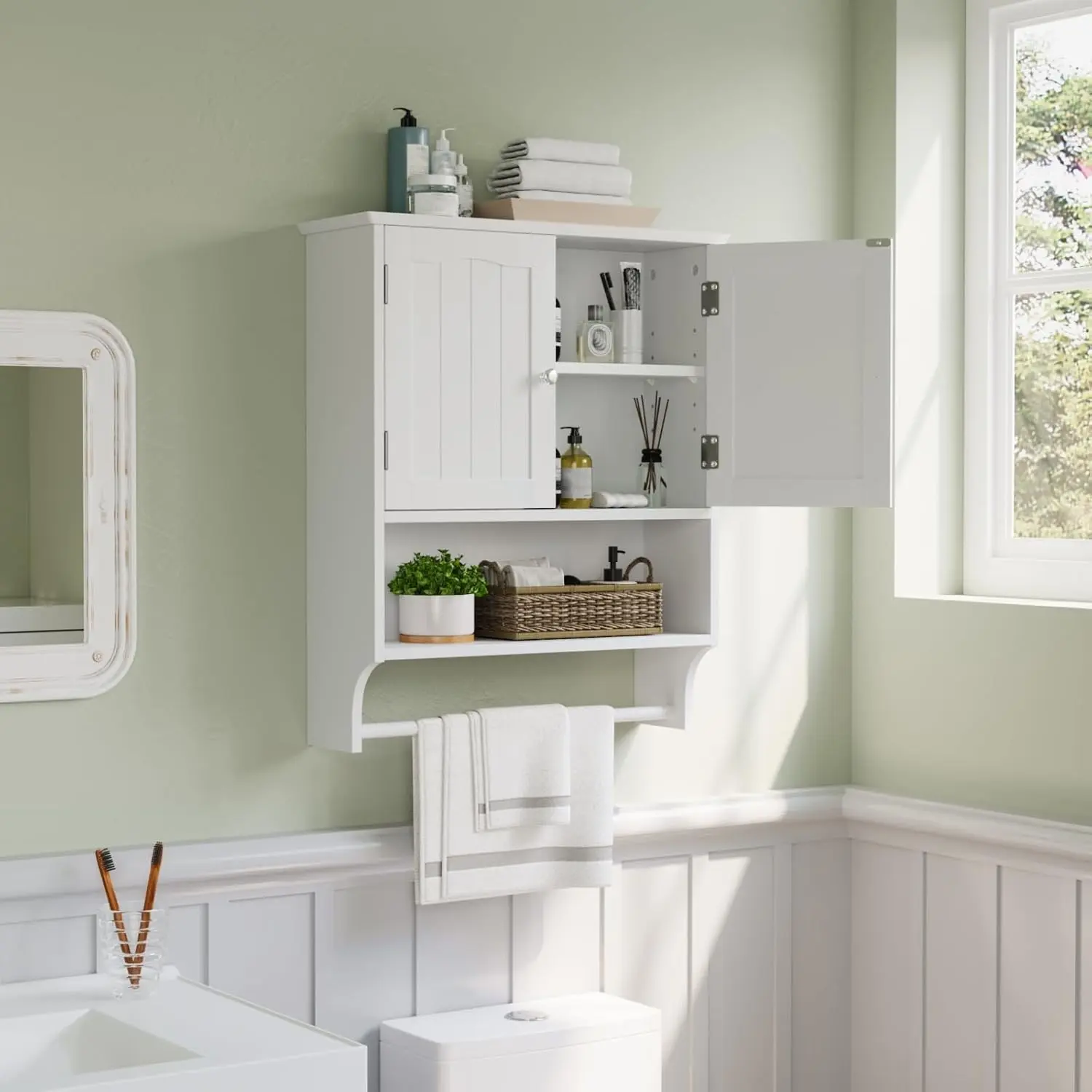 Wall Mounted White Bathroom Cabinet with Towel Bar, Bathroom Medicine Cabinet with 2 Doors Adjustable Shelves, Over The Toilet Storage Cabinet for Bathroom Laundry Room Kitchen