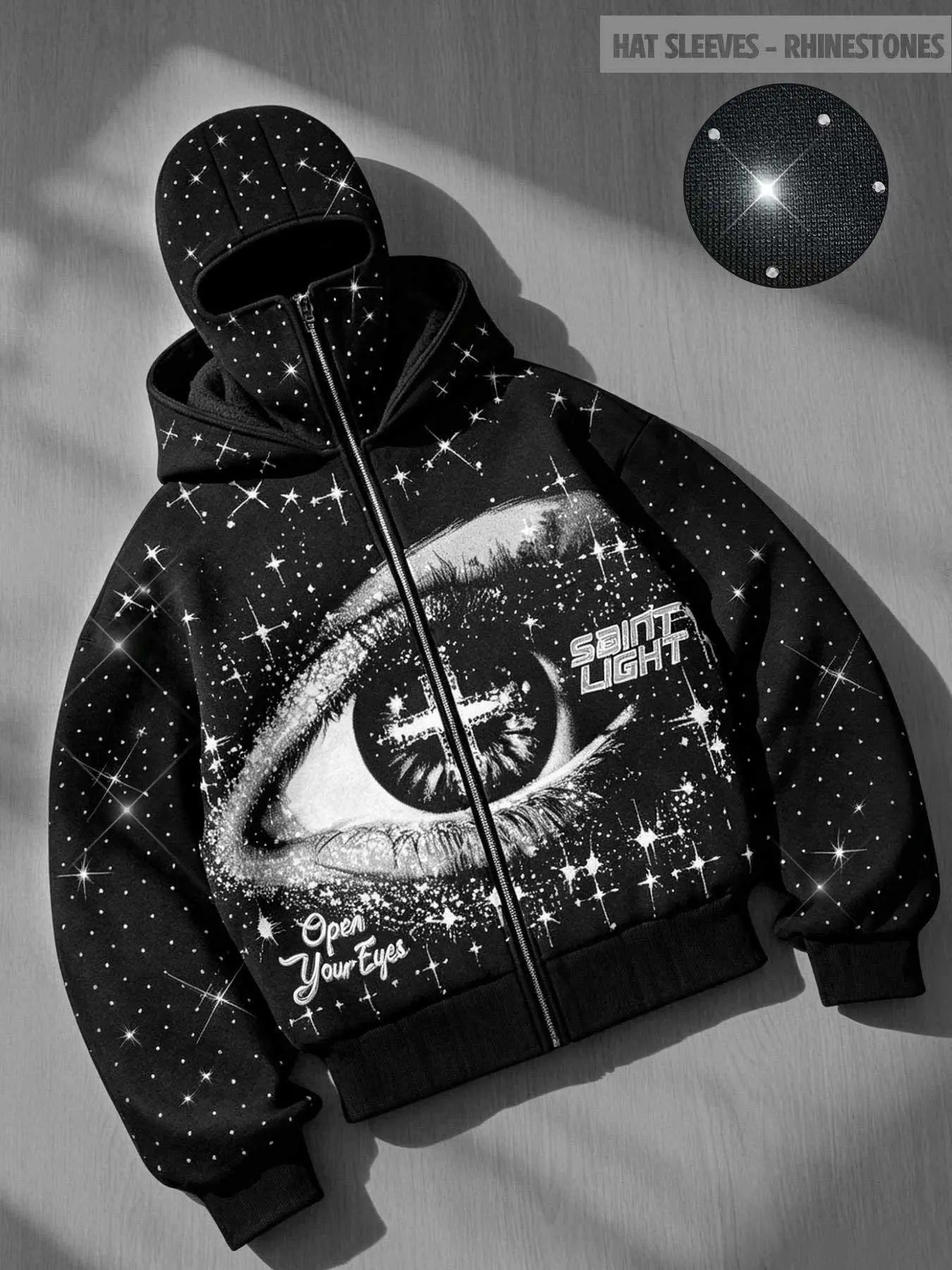 Dark-style functional rhinestone windproof hooded casual cardigan jacket for men, featuring rhinestone designs on the hood, sleeves, eyes, cross, starry sky print, and inspirational slogans. Trendy cardigan jacket for men and women, unisex street style.
