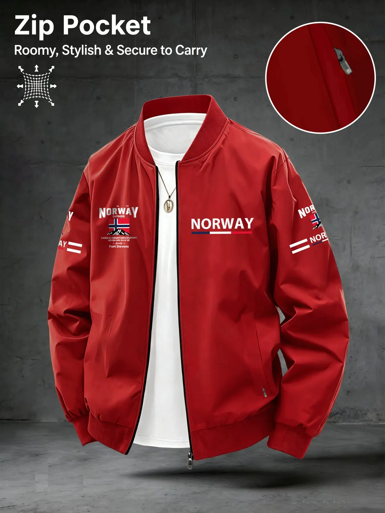 Men's Spring Summer Casual Jacket, Norway Flag Letter Design, Zipper Pocket, Loose Fit, Perfect Gift for Boyfriend or Father