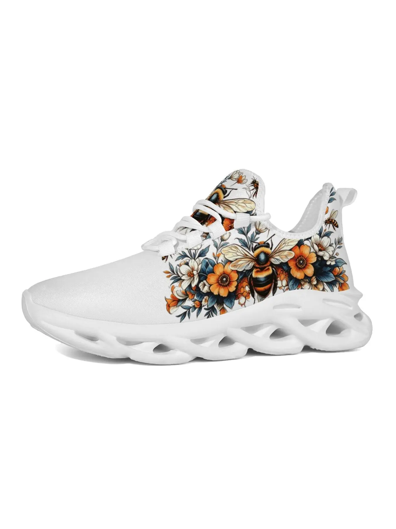 Honey Bee Flower Print Sneakers for Women, Floral Nature Bee Pattern Lightweight Breathable Running Shoes, White Blade Sole Casual Athletic Walking Shoes Spring Summer