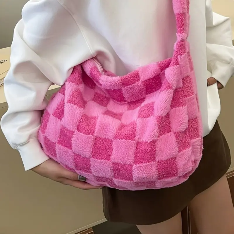 Checkered Crossbody Bag, Soft Plush Colorblock Shoulder Tote for Women, Large Capacity Winter Purse for Shopping & Travel, Bold Blocks, High-Capacity, Crossbody Bags For Women, Bags For Women