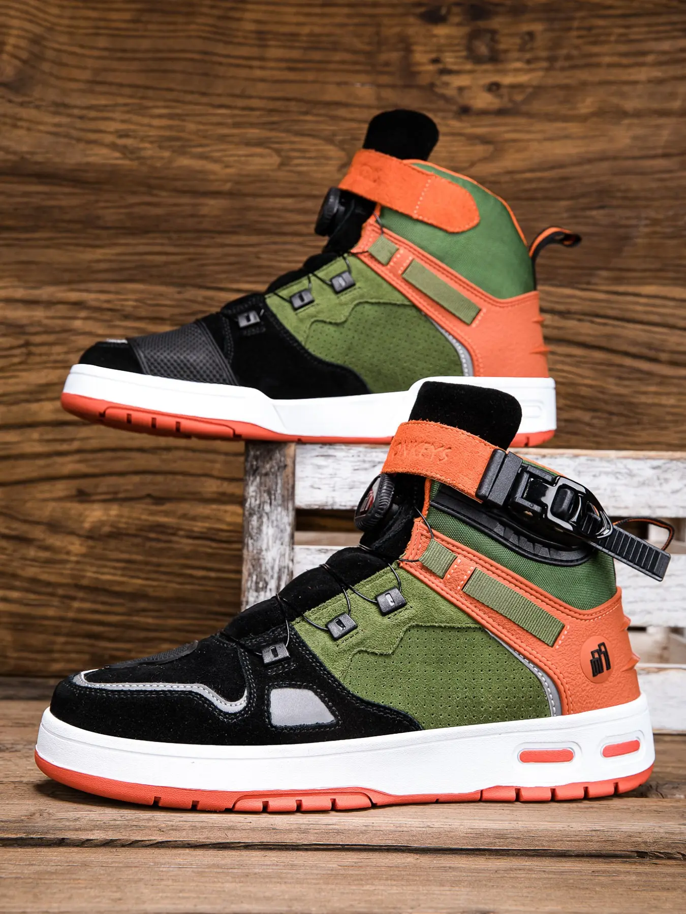 [Dn. Monkeys] Men's Motorcycle Riding Boots, High-Top Sporty Shoes, Adjustable Buckles, Anti-Slip, PU Leather, Rubber Sole, All Seasons