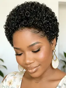 Short Curly Human Hair Pixie Cut Wig, Full Machine Made Wig, Natural Look for African American Women, Easy to Style & Maintain, Black Women Wigs