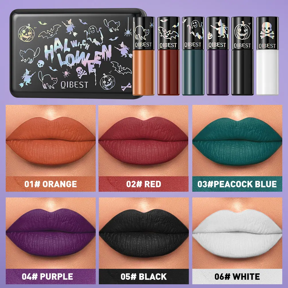 Halloween Matte Lipstick Set 6 Colors, Black White Purple Teal Dark Red Nude Gothic Lip Gloss Kit, Long‑Lasting Non‑Drying Velvety Lip Makeup for Halloween Cosplay Party Costume Makeup Looks