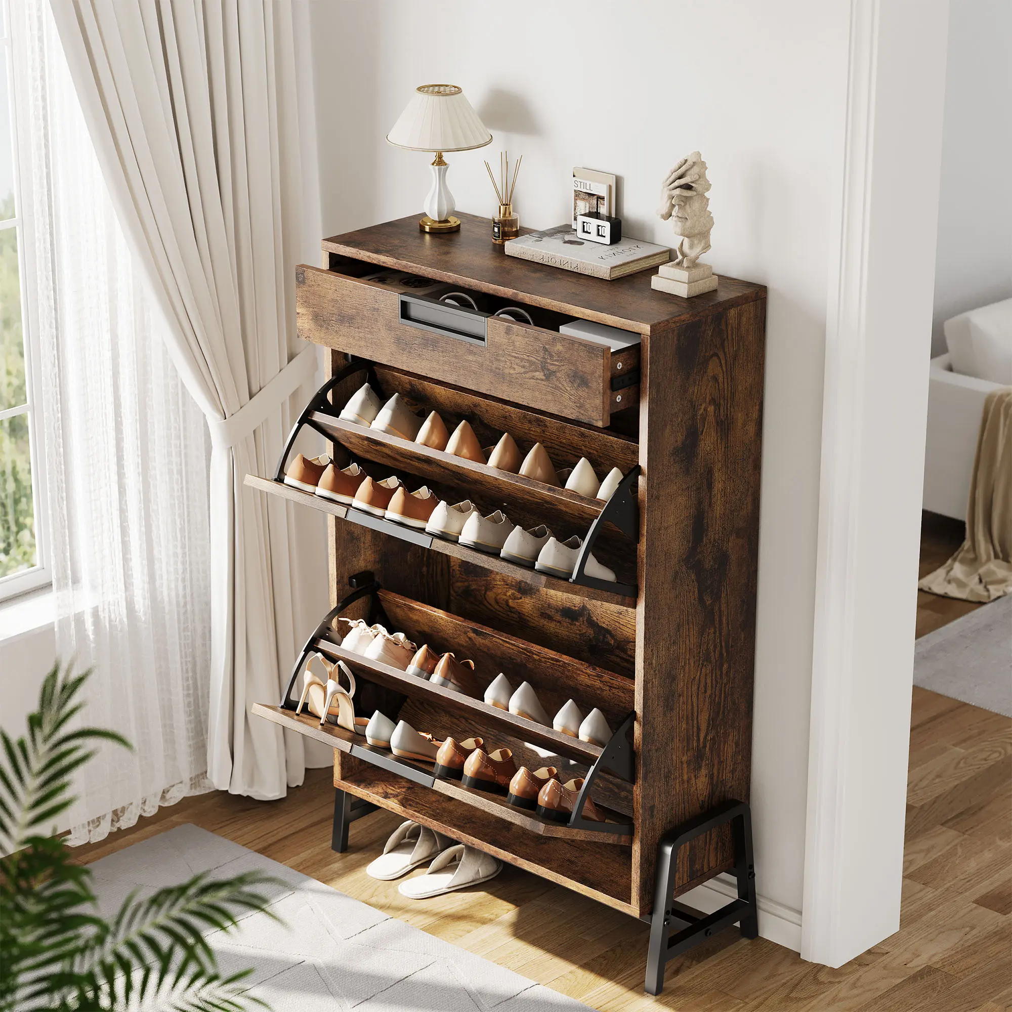 Vintage Oak Shoe Storage Cabinet, Freestanding narrow design with 2 turnover compartments and 1 drawer. Features 3-tier adjustable shelves, hidden storage, ideal for entryway, hallway and living room.